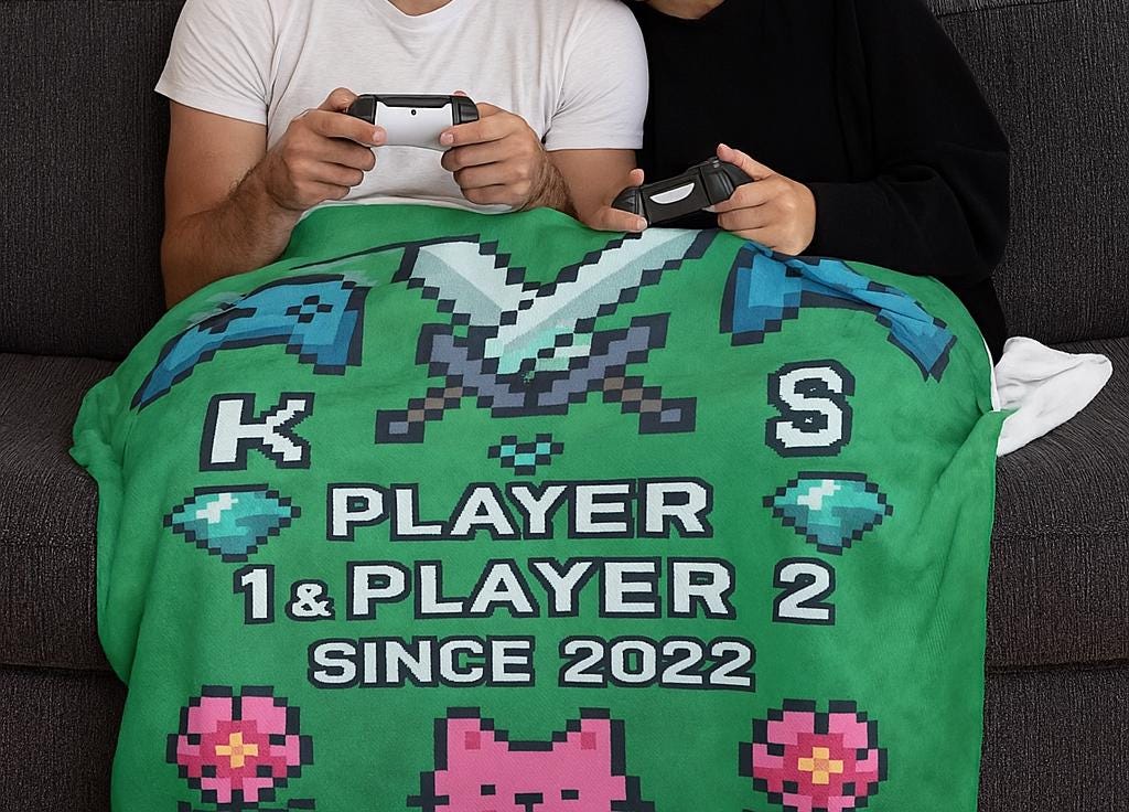 Gamer Couple Blanket, Player 1 & 2 Anniversary Gift, Pixel Art Throw Blanket, Custom Gaming Love Blanket, Couple Anniversary Cozy Gift
