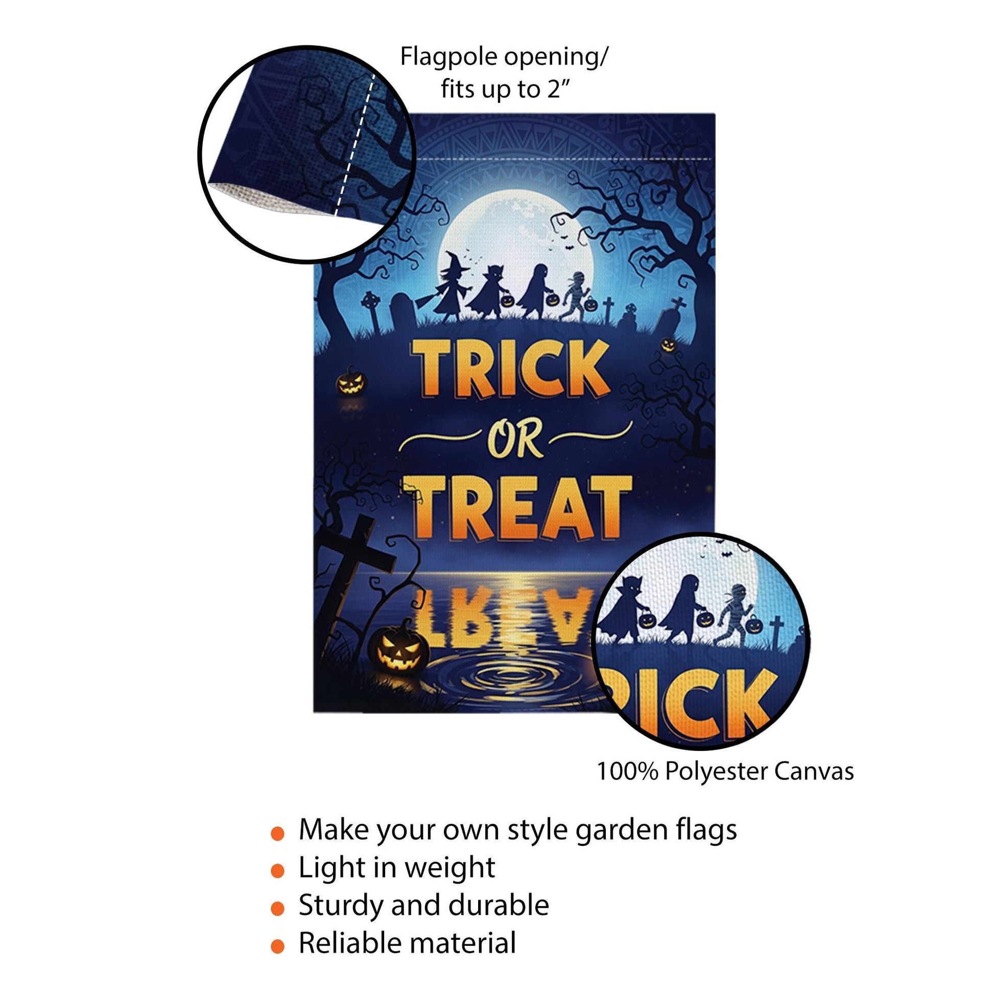 Trick or Treat Garden Flag – Halloween Yard Decor with Silhouettes & Full Moon Scene