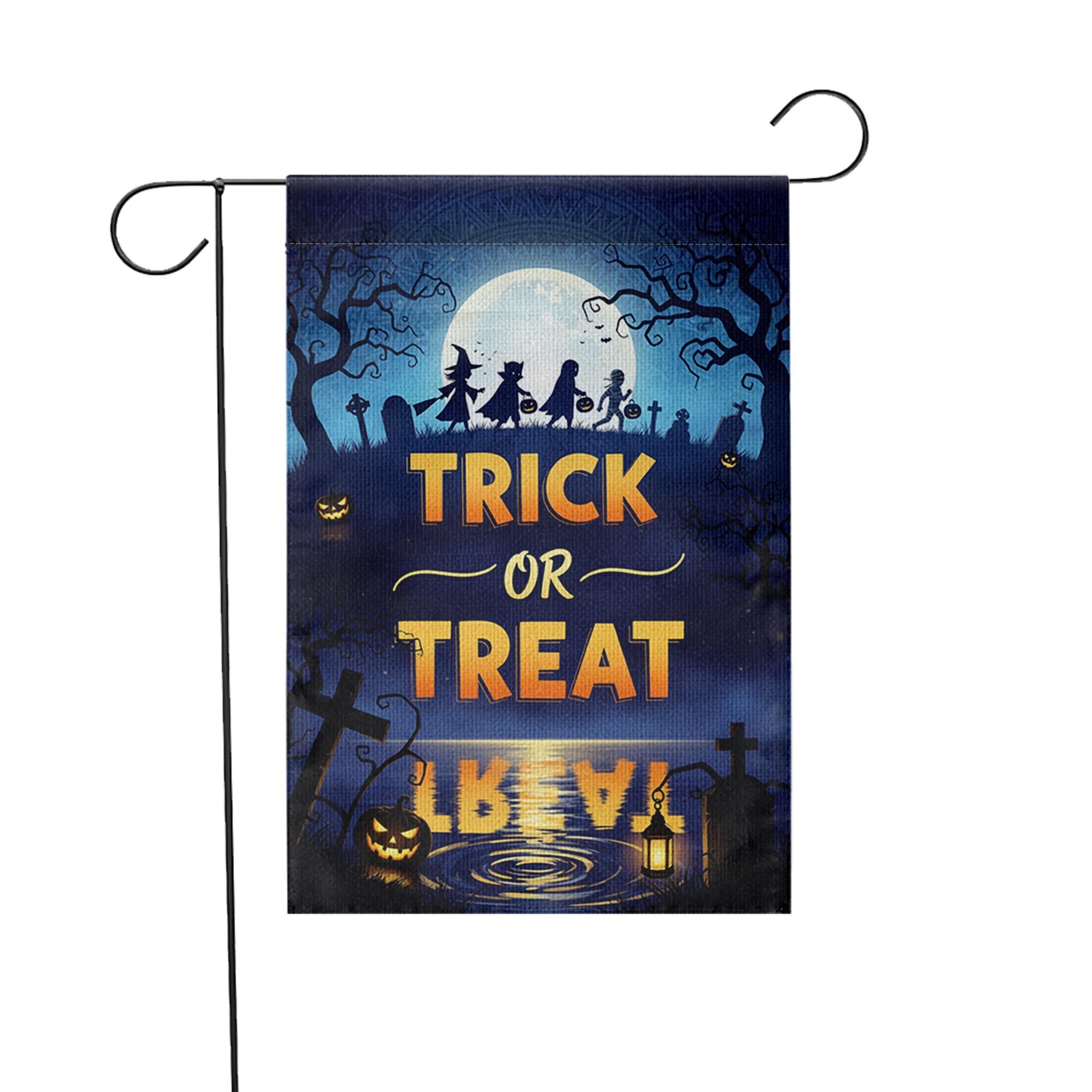 Trick or Treat Garden Flag – Halloween Yard Decor with Silhouettes & Full Moon Scene