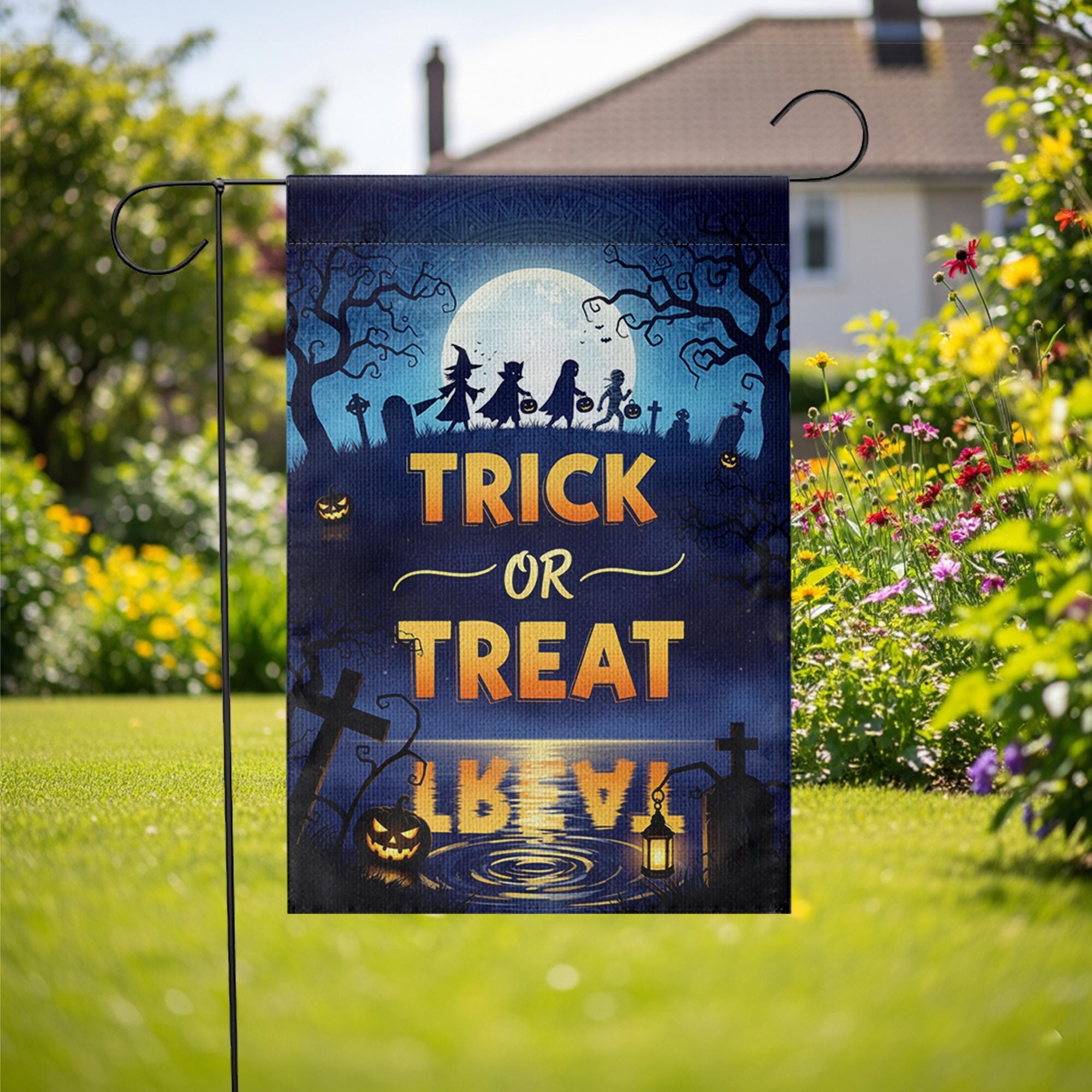 Trick or Treat Garden Flag – Halloween Yard Decor with Silhouettes & Full Moon Scene