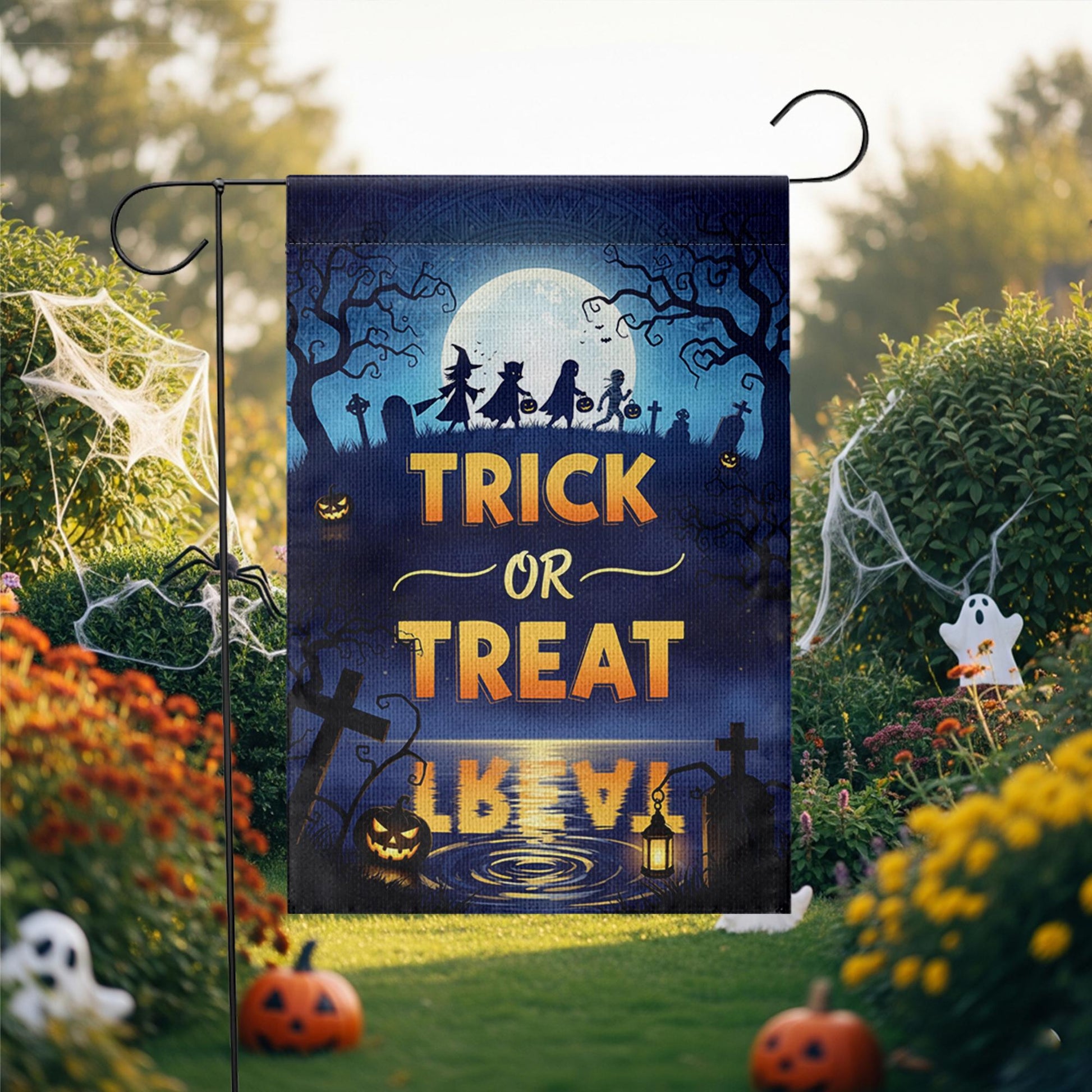 Trick or Treat Garden Flag – Halloween Yard Decor with Silhouettes & Full Moon Scene