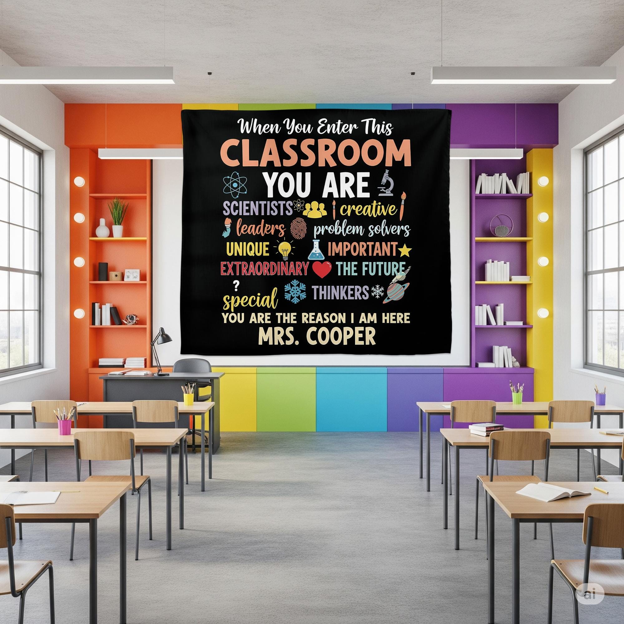 Personalized Classroom Tapestry, Inspirational Teacher Wall Decor, Custom Student Motivation Sign, Back to School Classroom Poster
