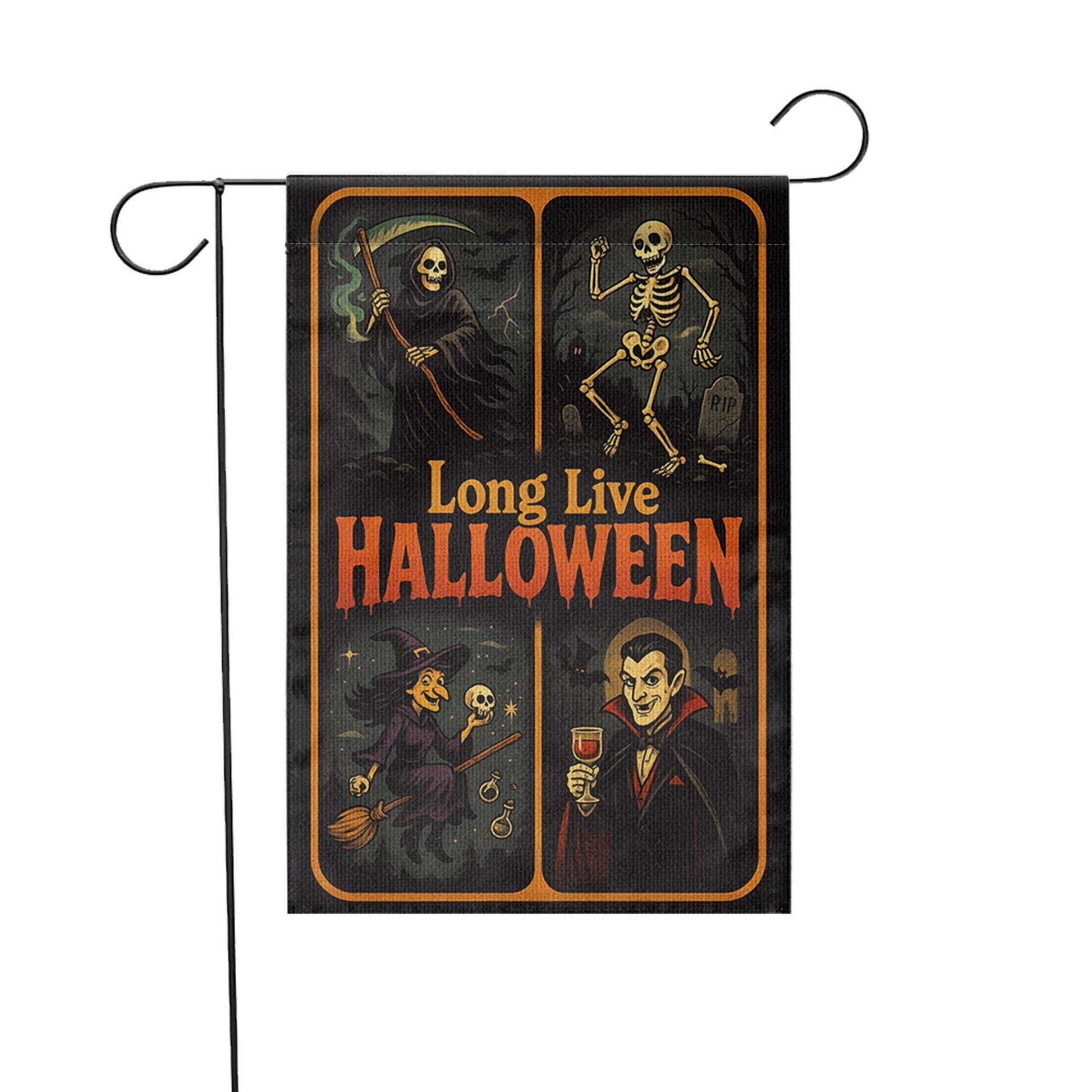 Long Live Halloween Garden Flag – Grim Reaper Skeleton Witch Vampire Retro Yard Decor