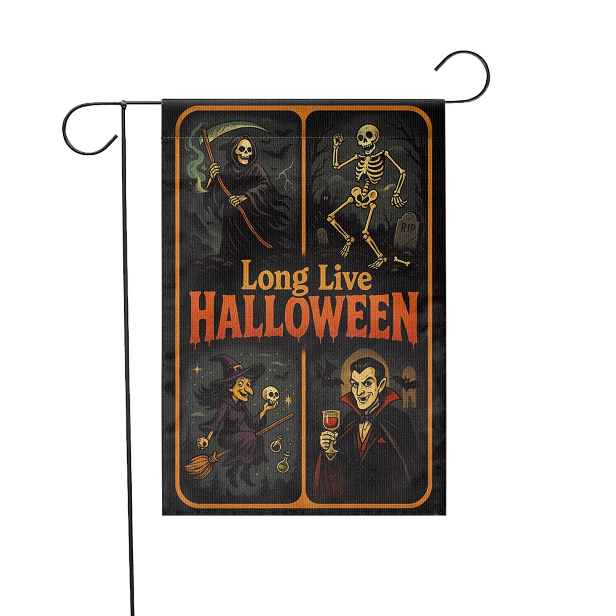 Long Live Halloween Garden Flag – Grim Reaper Skeleton Witch Vampire Retro Yard Decor