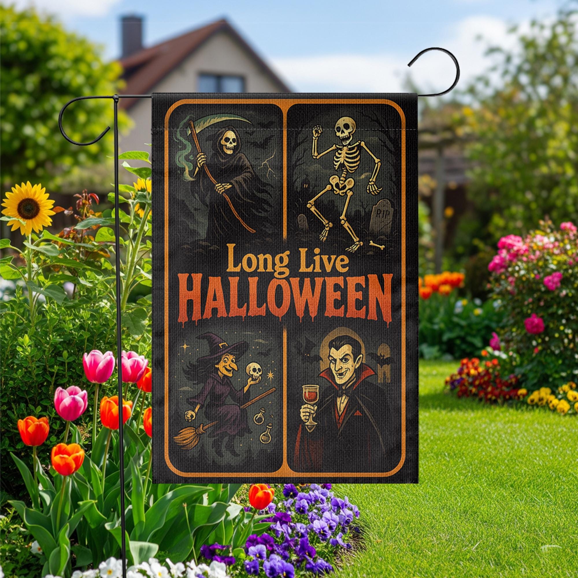 Long Live Halloween Garden Flag – Grim Reaper Skeleton Witch Vampire Retro Yard Decor