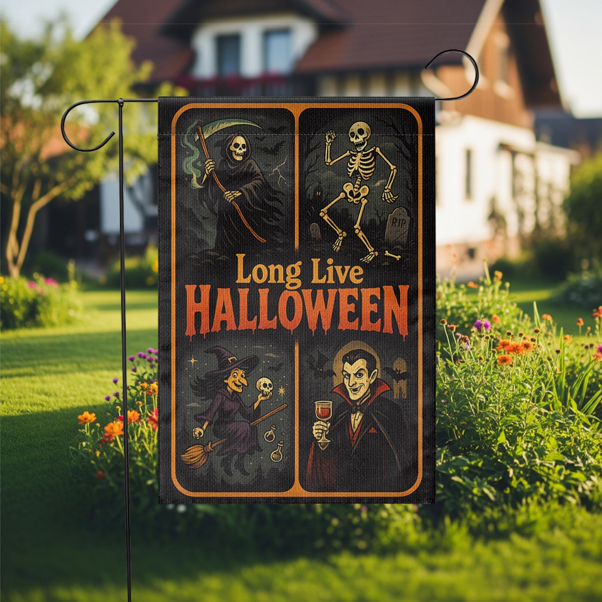 Long Live Halloween Garden Flag – Grim Reaper Skeleton Witch Vampire Retro Yard Decor