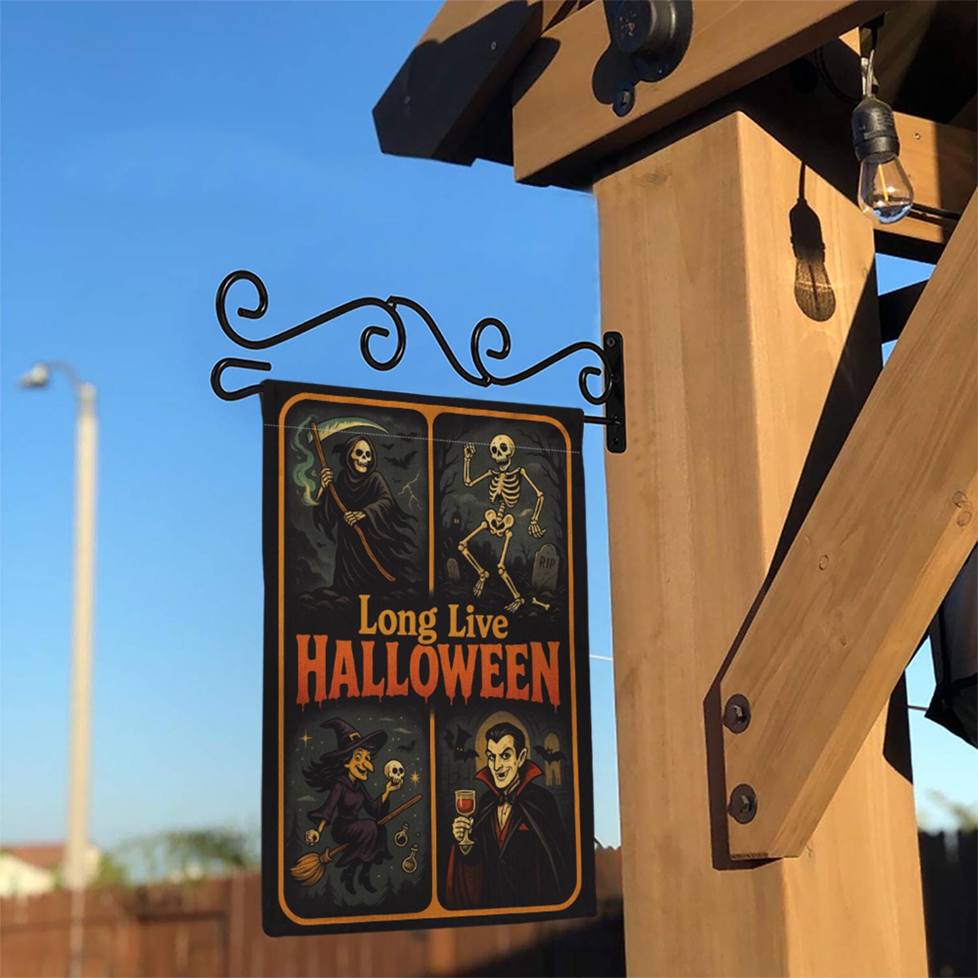 Long Live Halloween Garden Flag – Grim Reaper Skeleton Witch Vampire Retro Yard Decor