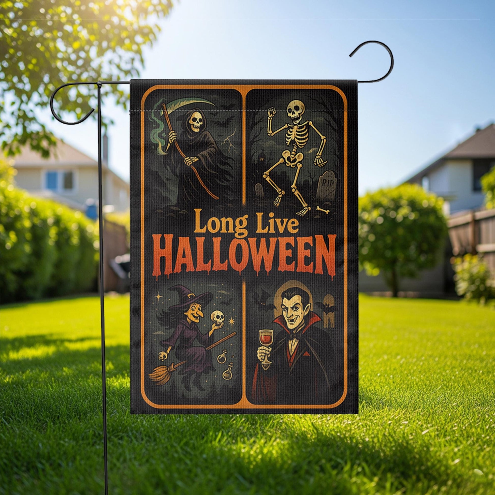 Long Live Halloween Garden Flag – Grim Reaper Skeleton Witch Vampire Retro Yard Decor
