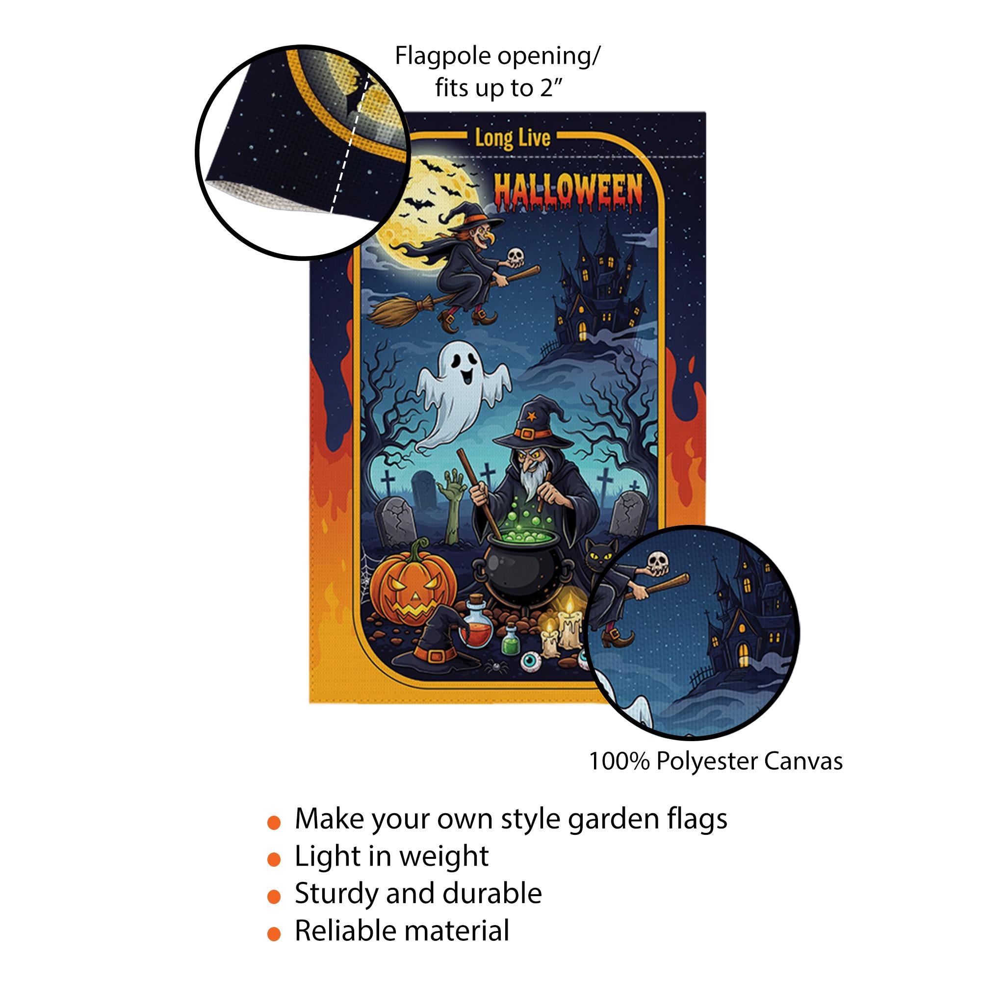 Long Live Halloween Garden Flag – Witch Cauldron Ghost Cat Spooky Graveyard Yard Decor