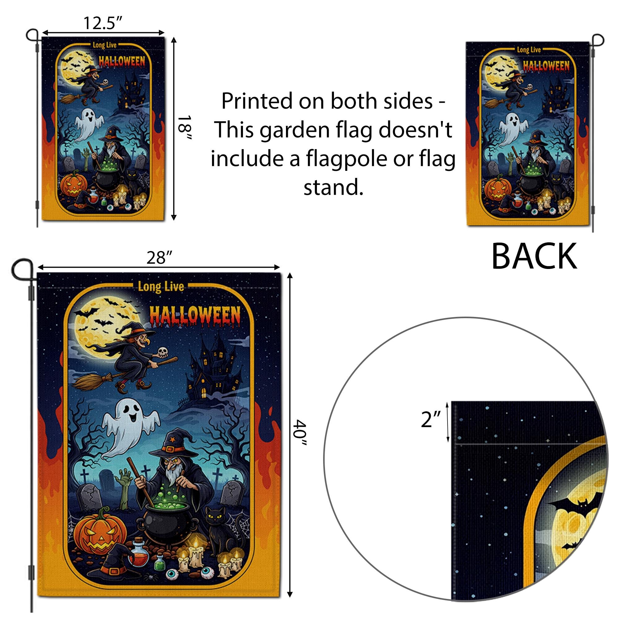 Long Live Halloween Garden Flag – Witch Cauldron Ghost Cat Spooky Graveyard Yard Decor