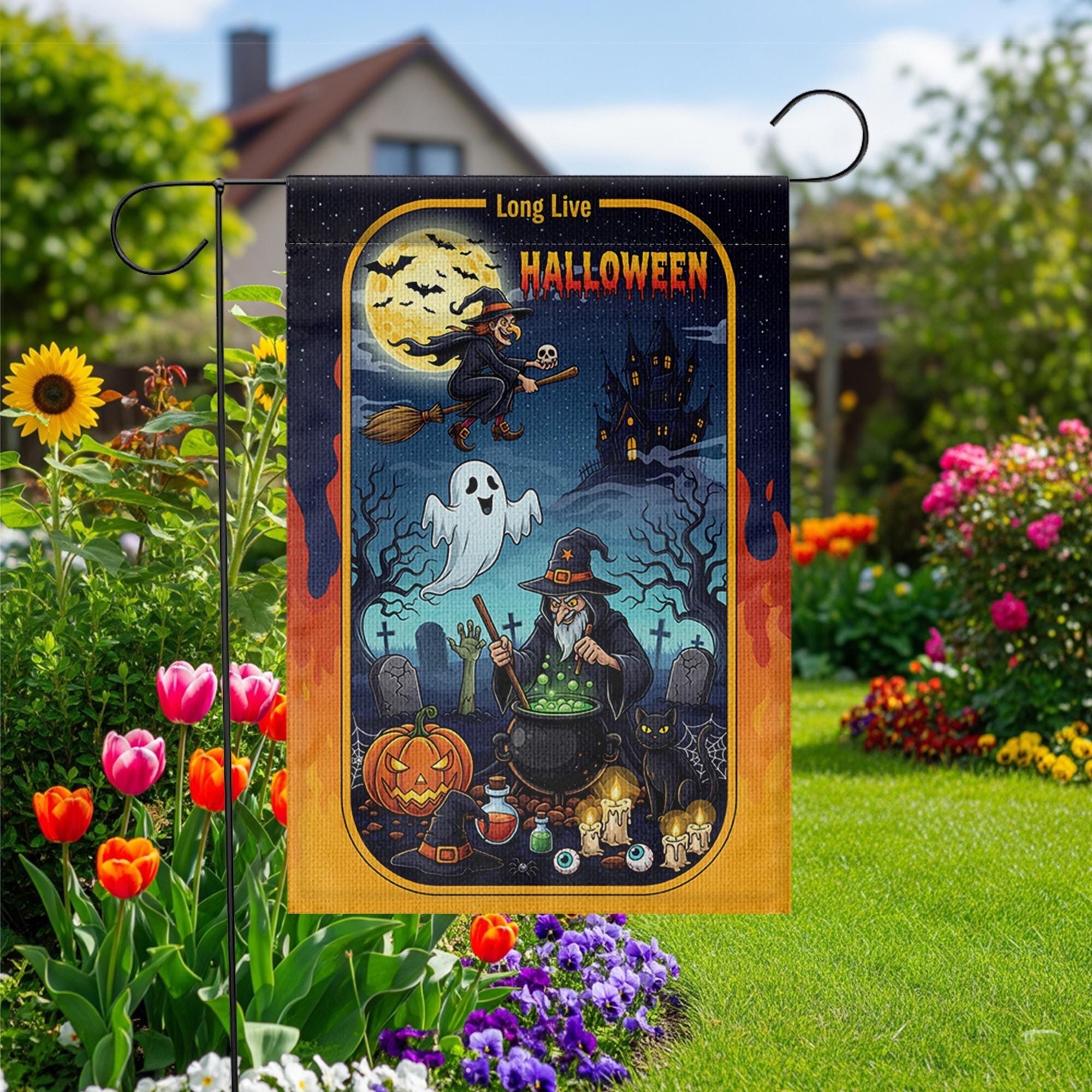 Long Live Halloween Garden Flag – Witch Cauldron Ghost Cat Spooky Graveyard Yard Decor