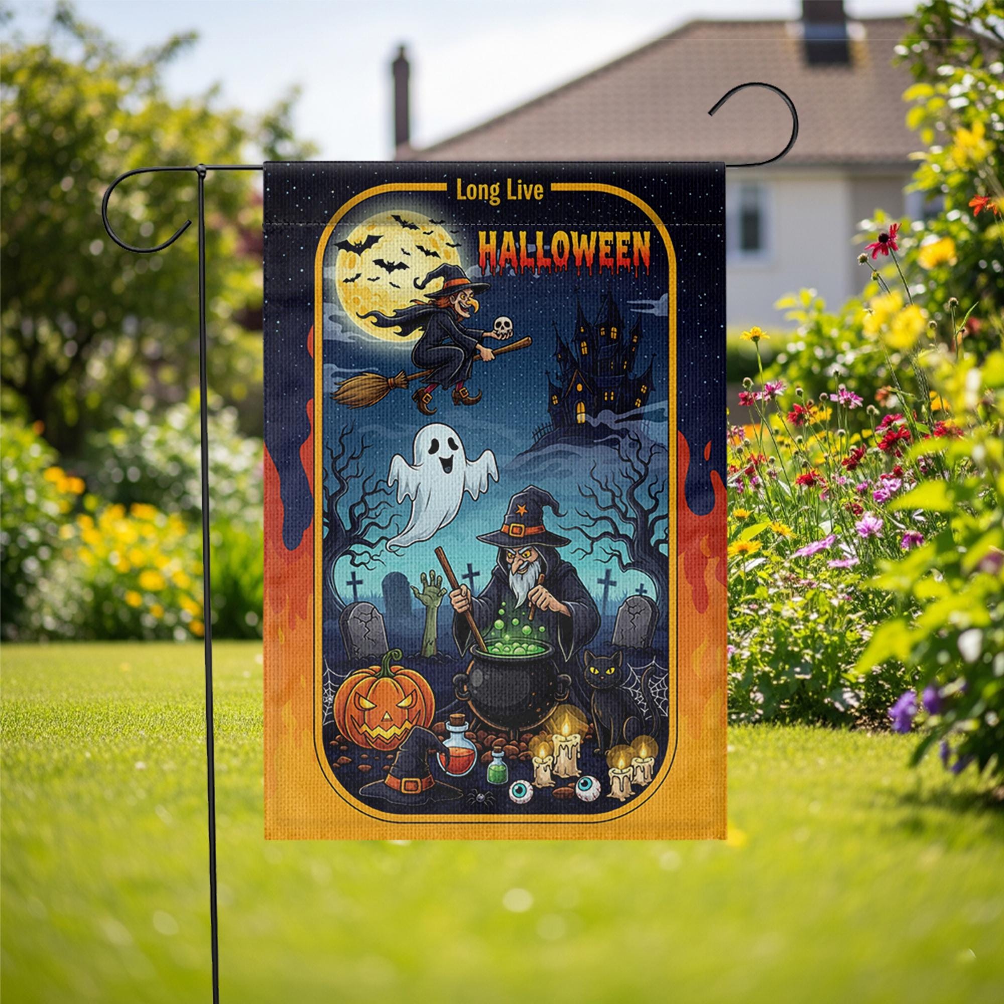 Long Live Halloween Garden Flag – Witch Cauldron Ghost Cat Spooky Graveyard Yard Decor