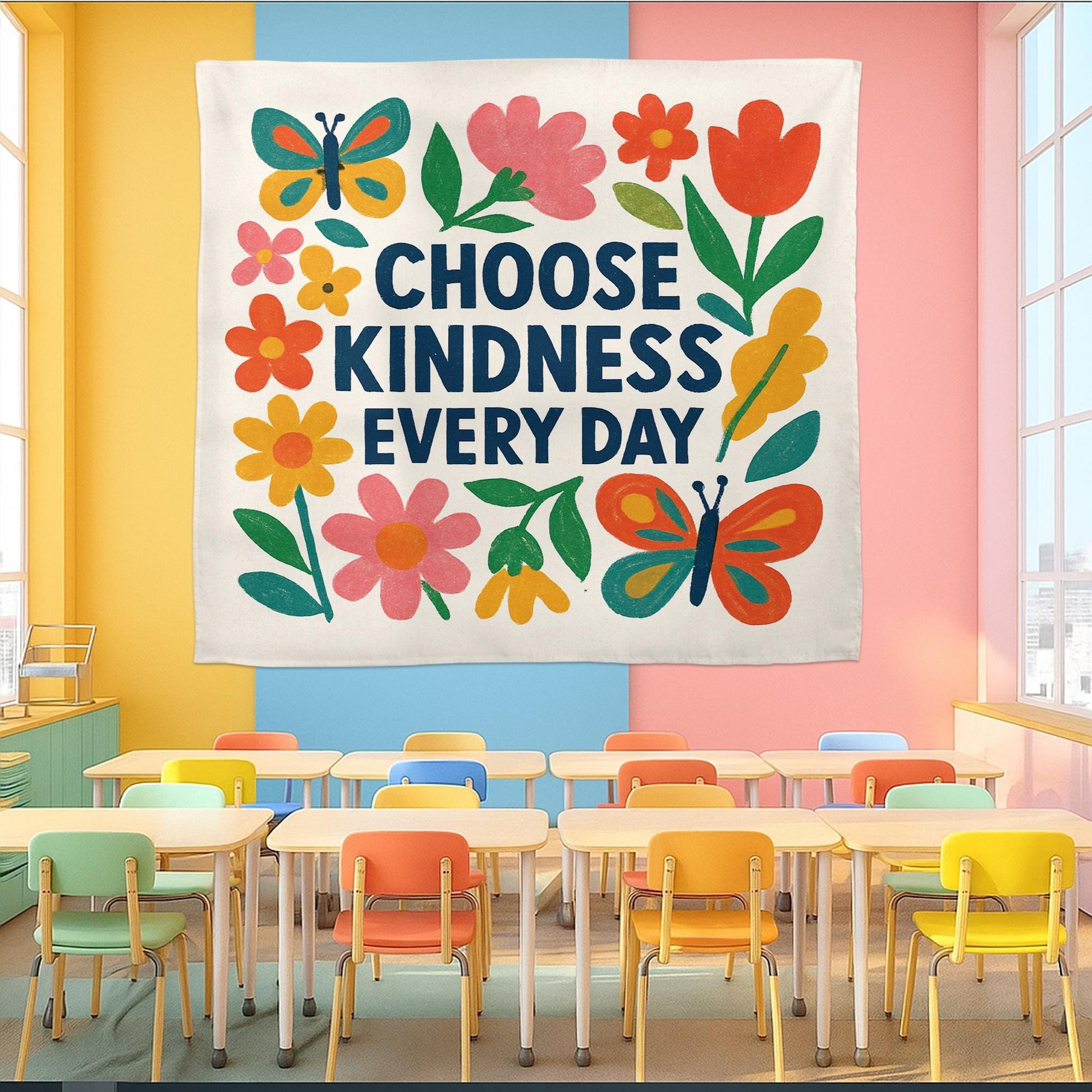 Choose Kindness Every Day Tapestry, Colorful Classroom Wall Decor, Teacher Positivity Banner, Floral School Kindness Poster
