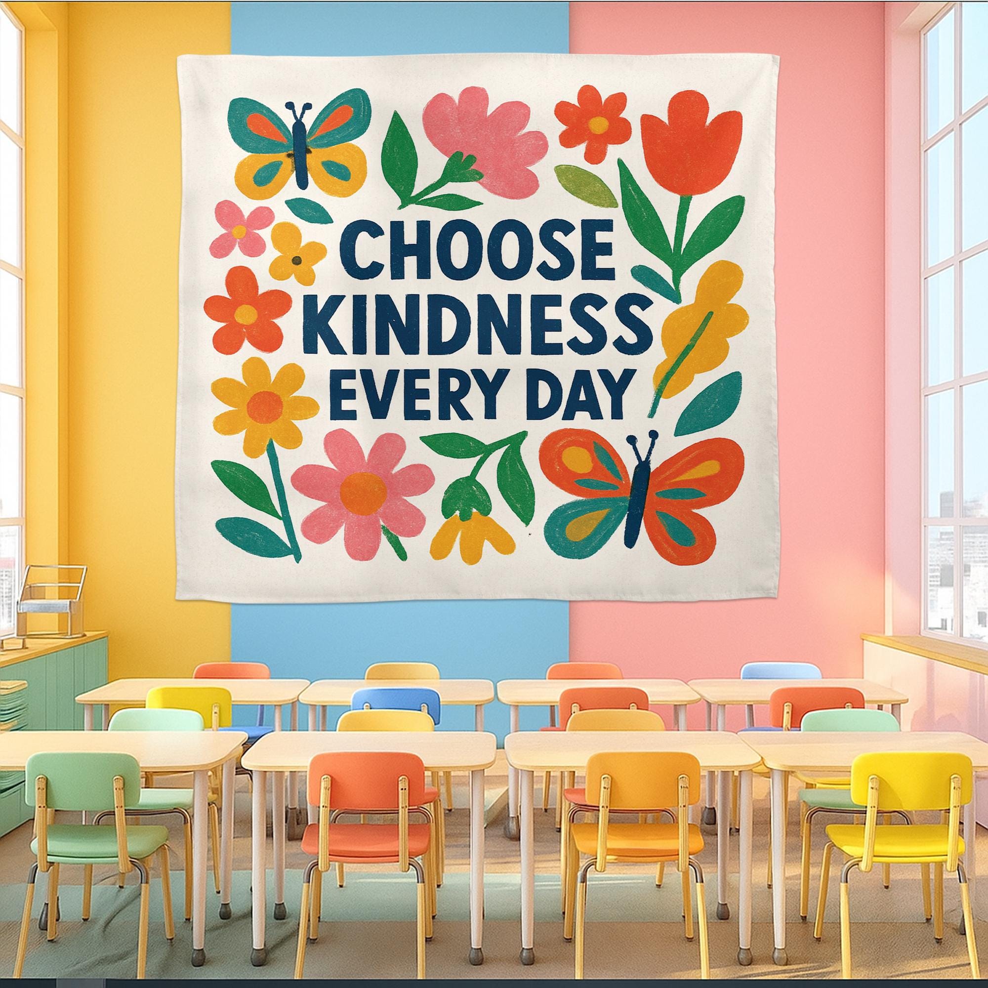 Choose Kindness Every Day Tapestry, Colorful Classroom Wall Decor, Teacher Positivity Banner, Floral School Kindness Poster