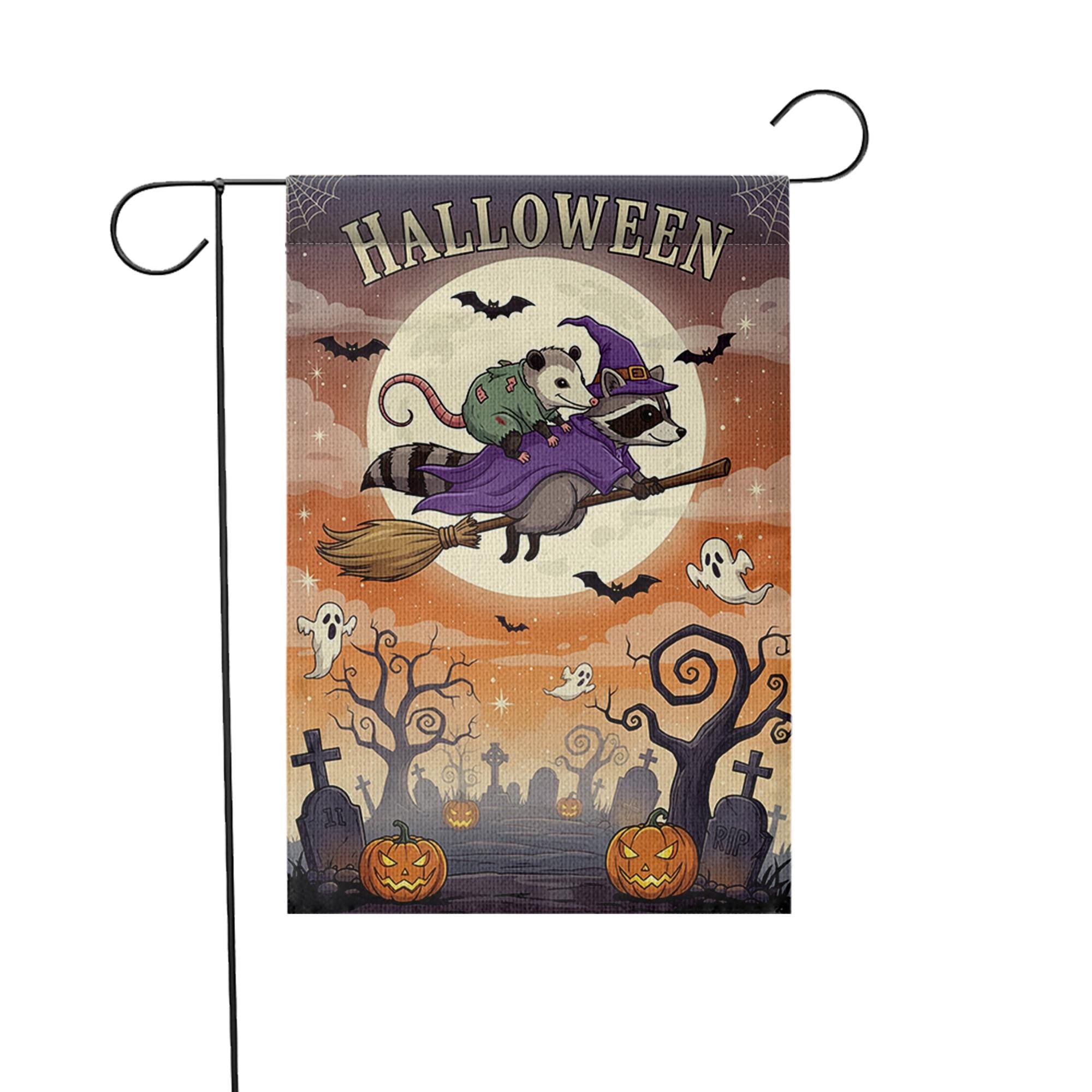 Halloween Garden Flag – Raccoon Witch Flying with Opossum – Cute Spooky Fall Yard Decor