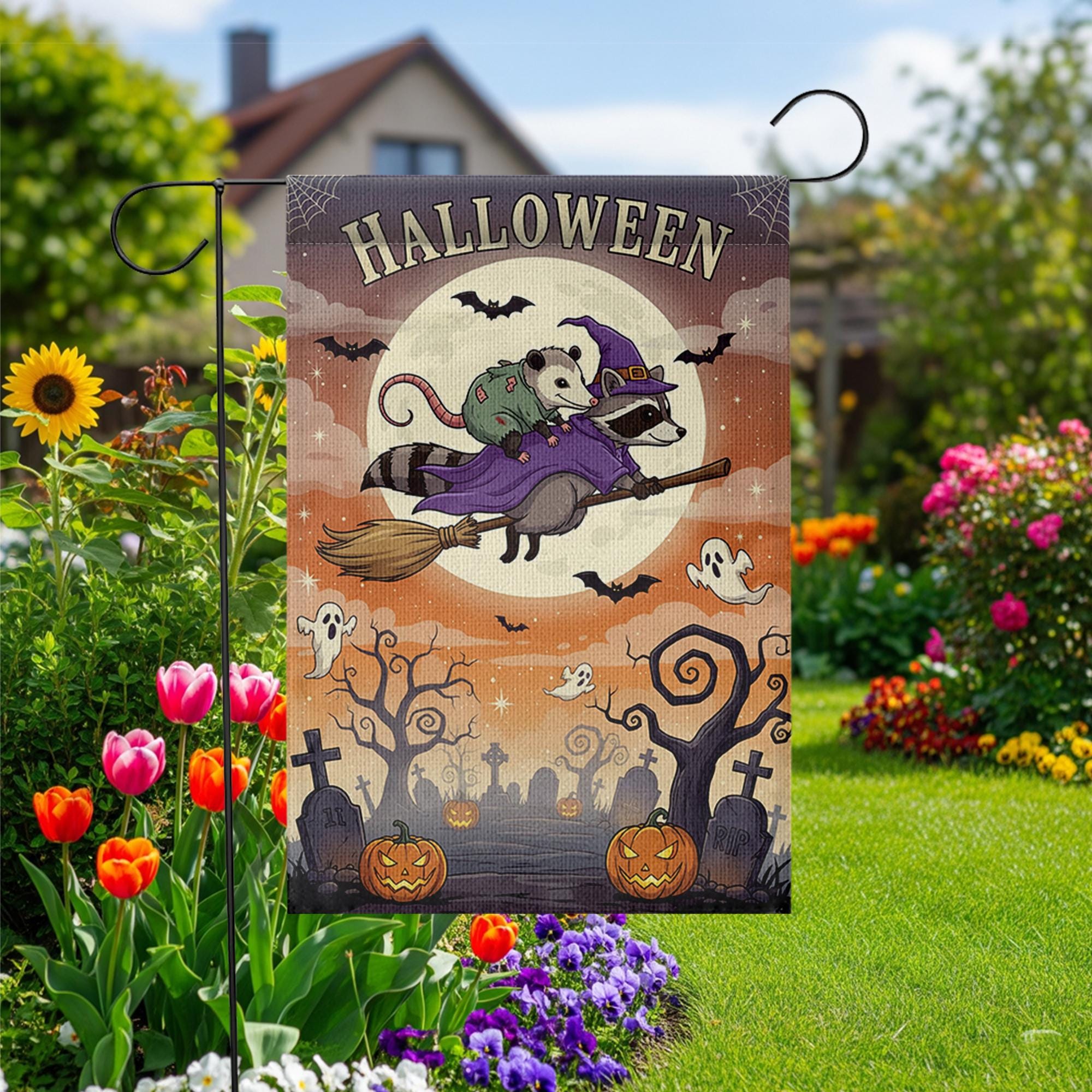 Halloween Garden Flag – Raccoon Witch Flying with Opossum – Cute Spooky Fall Yard Decor