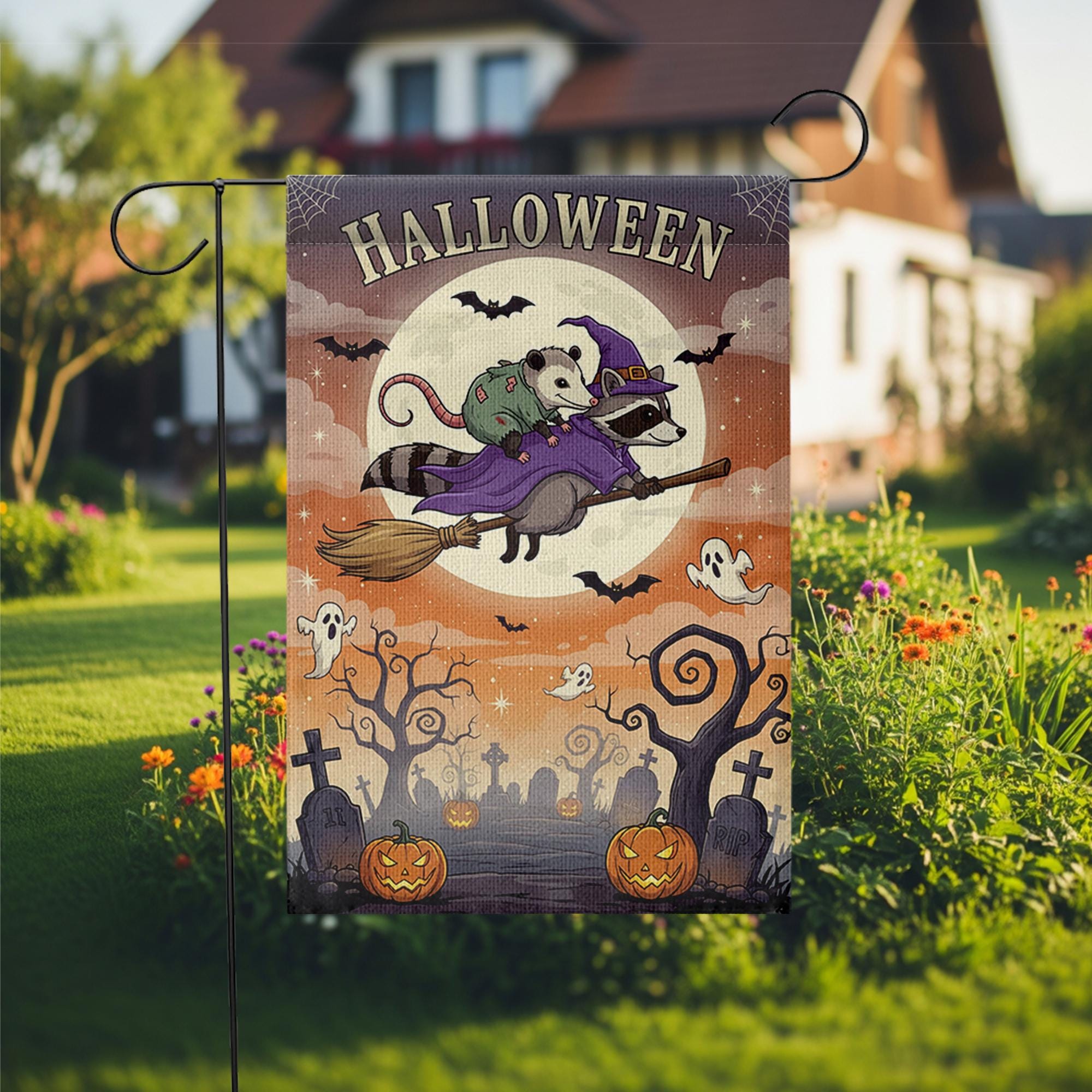 Halloween Garden Flag – Raccoon Witch Flying with Opossum – Cute Spooky Fall Yard Decor