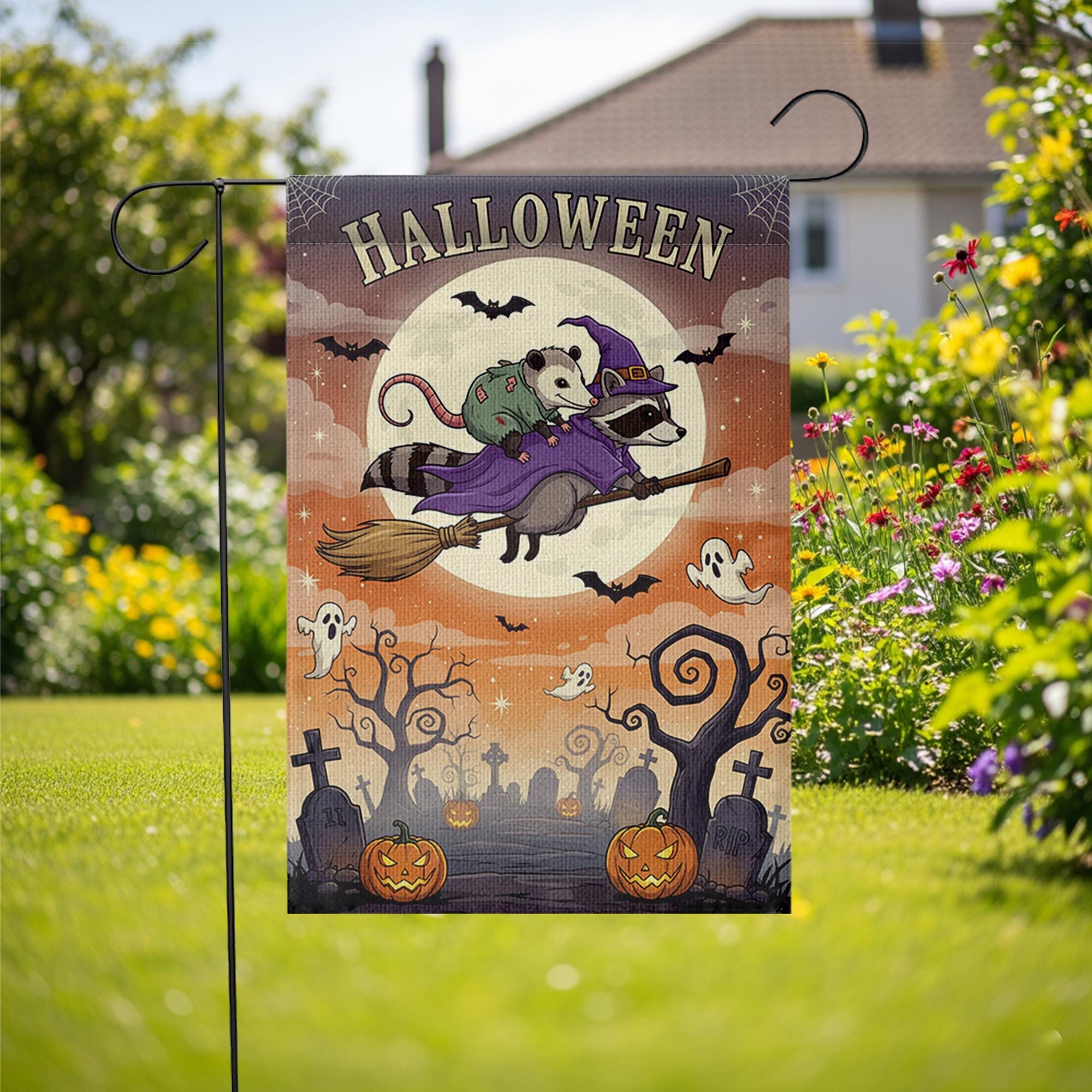 Halloween Garden Flag – Raccoon Witch Flying with Opossum – Cute Spooky Fall Yard Decor