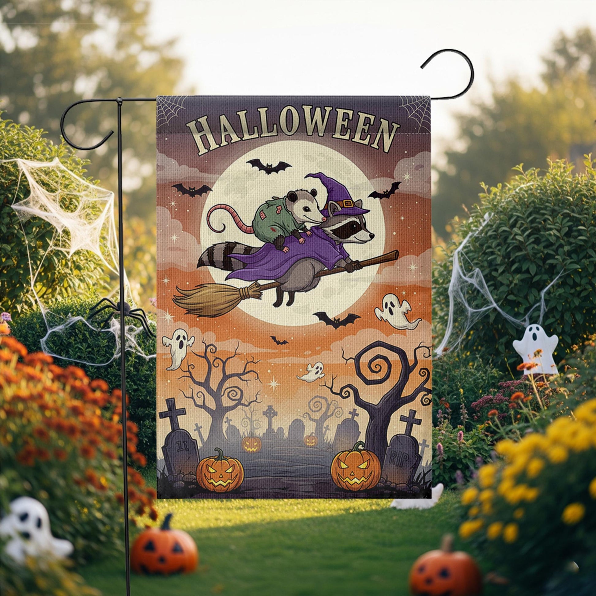 Halloween Garden Flag – Raccoon Witch Flying with Opossum – Cute Spooky Fall Yard Decor