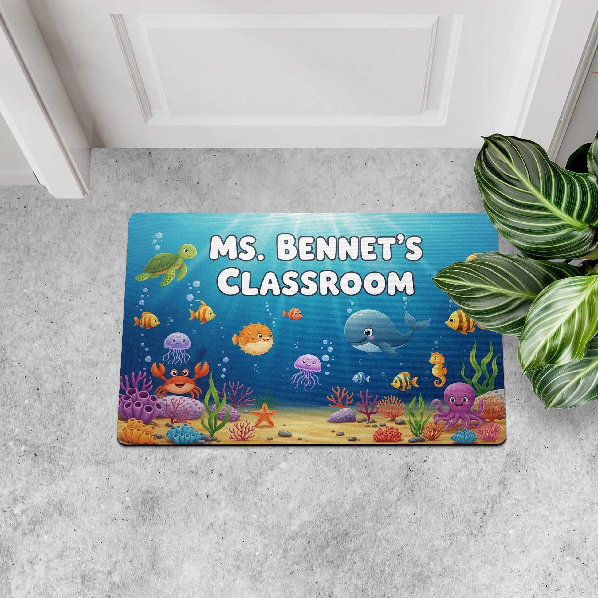 Personalized Under the Sea Classroom Doormat | Ocean Theme Teacher Rug | Custom Name Welcome Mat for Preschool or Elementary, Ocean Mat