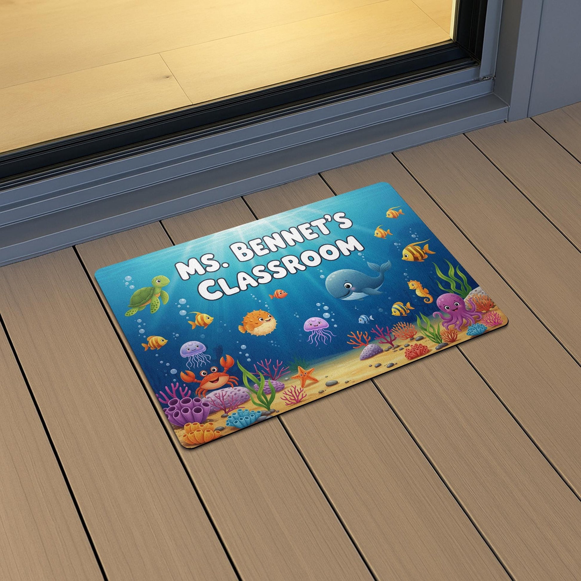 Personalized Under the Sea Classroom Doormat | Ocean Theme Teacher Rug | Custom Name Welcome Mat for Preschool or Elementary, Ocean Mat