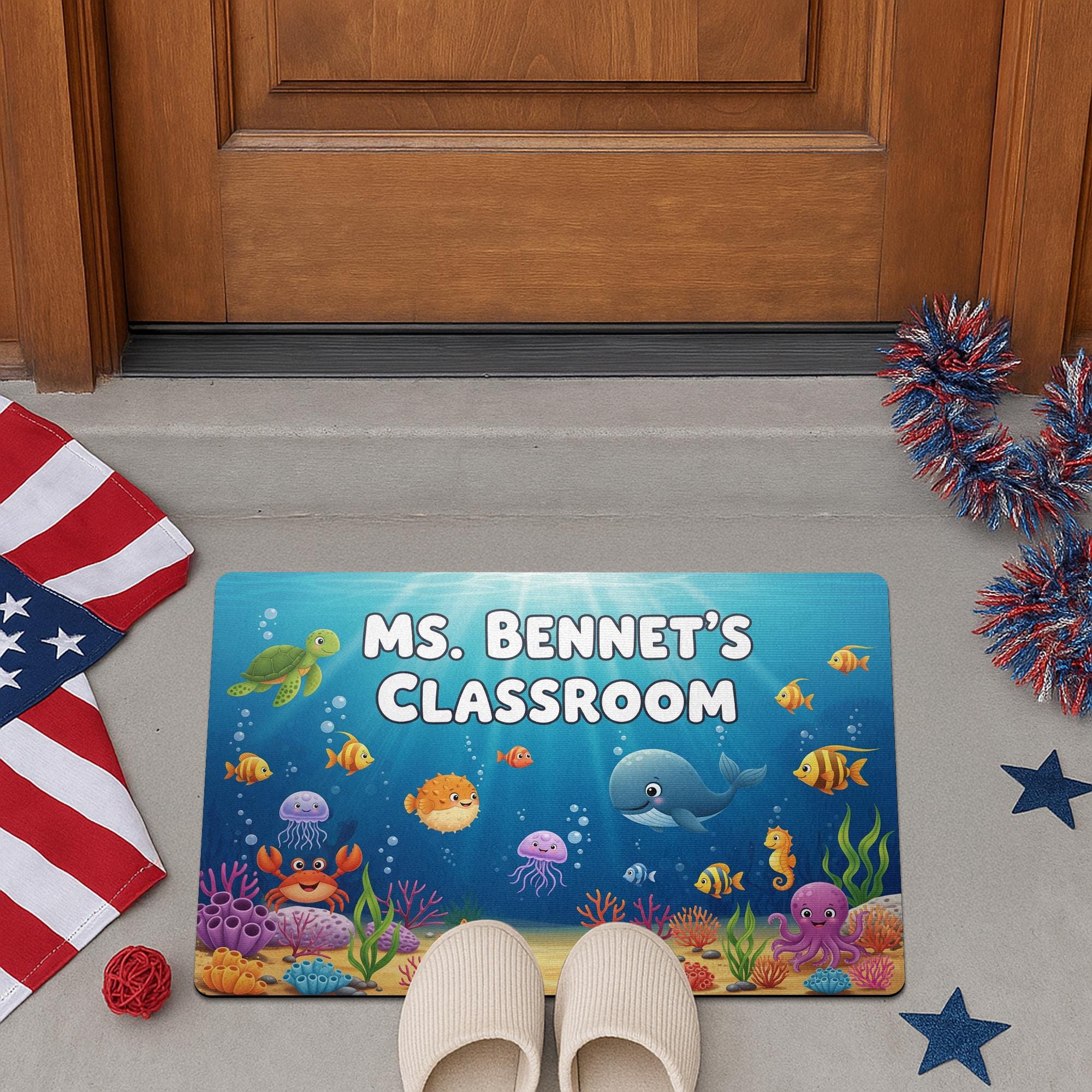 Personalized Under the Sea Classroom Doormat | Ocean Theme Teacher Rug | Custom Name Welcome Mat for Preschool or Elementary, Ocean Mat