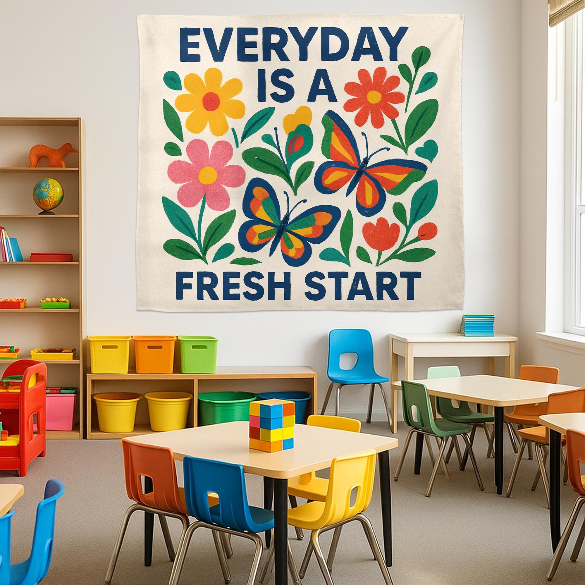 Everyday Is a Fresh Start Tapestry, Motivational Classroom Wall Decor, Positive Teacher Banner, Floral School Encouragement Sign