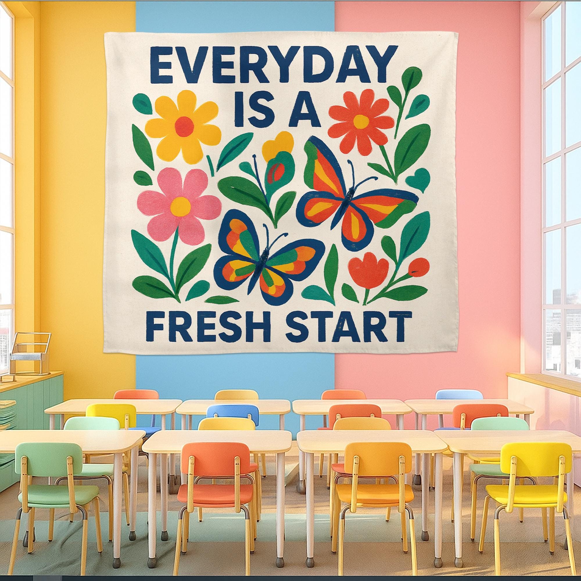 Everyday Is a Fresh Start Tapestry, Motivational Classroom Wall Decor, Positive Teacher Banner, Floral School Encouragement Sign