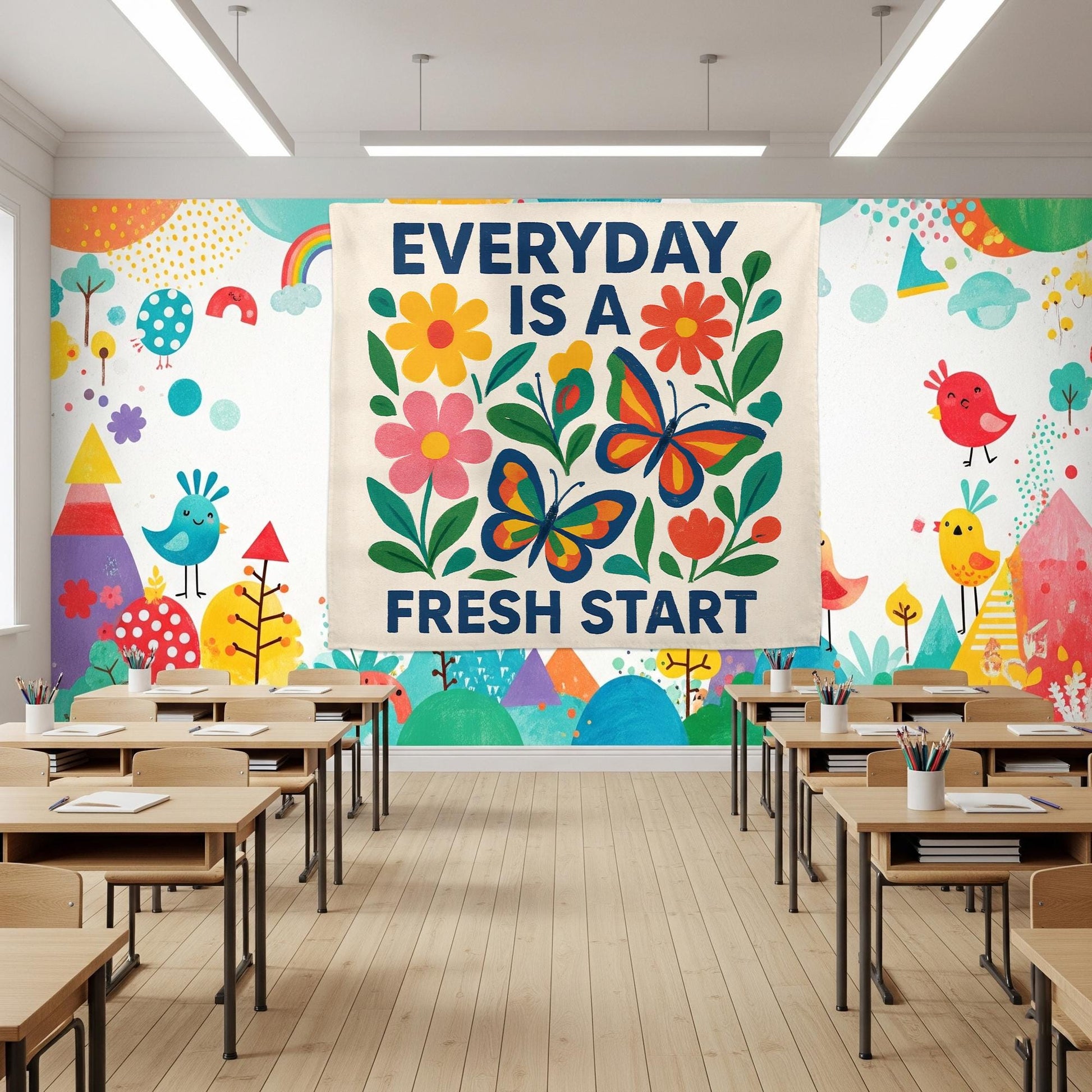 Everyday Is a Fresh Start Tapestry, Motivational Classroom Wall Decor, Positive Teacher Banner, Floral School Encouragement Sign