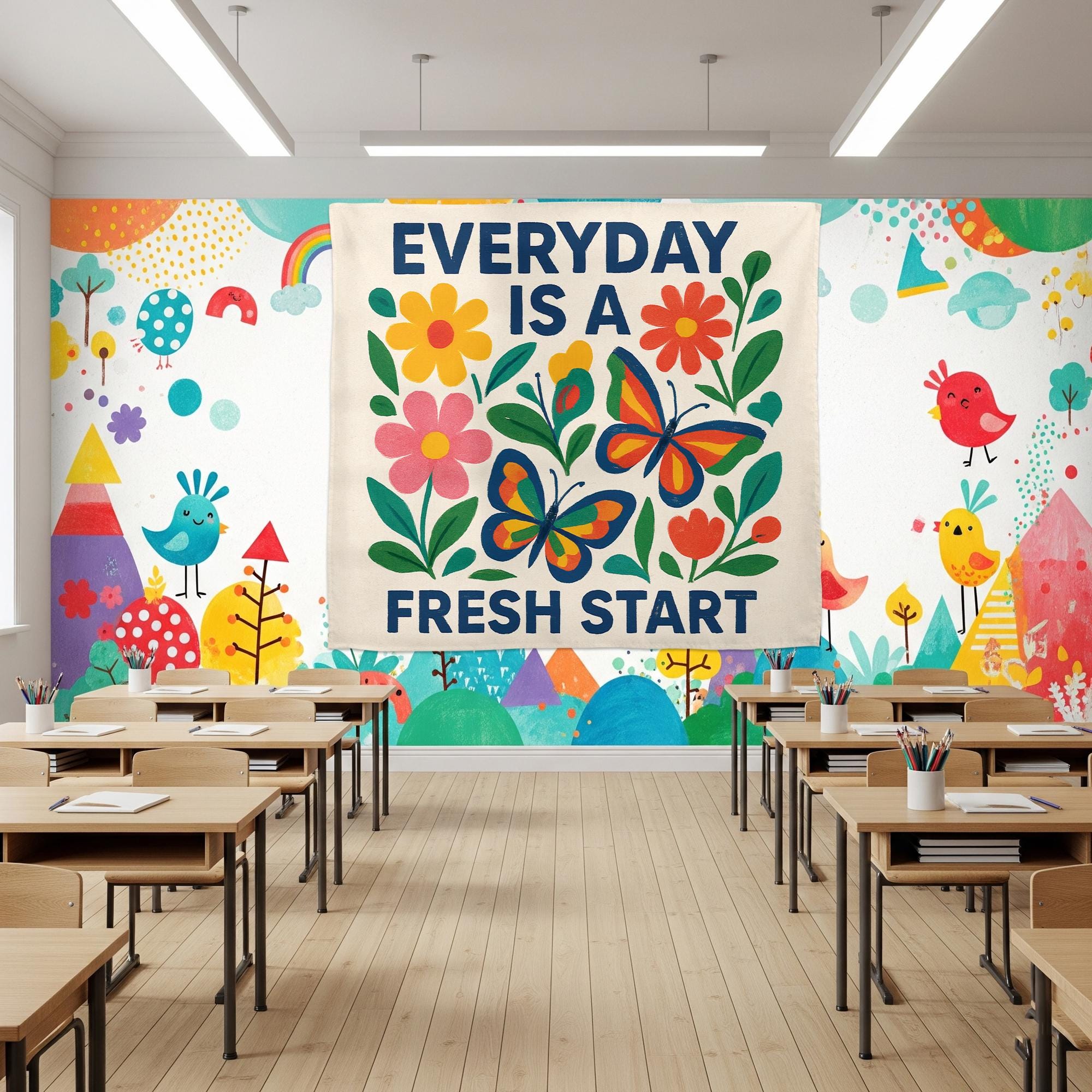 Everyday Is a Fresh Start Tapestry, Motivational Classroom Wall Decor, Positive Teacher Banner, Floral School Encouragement Sign