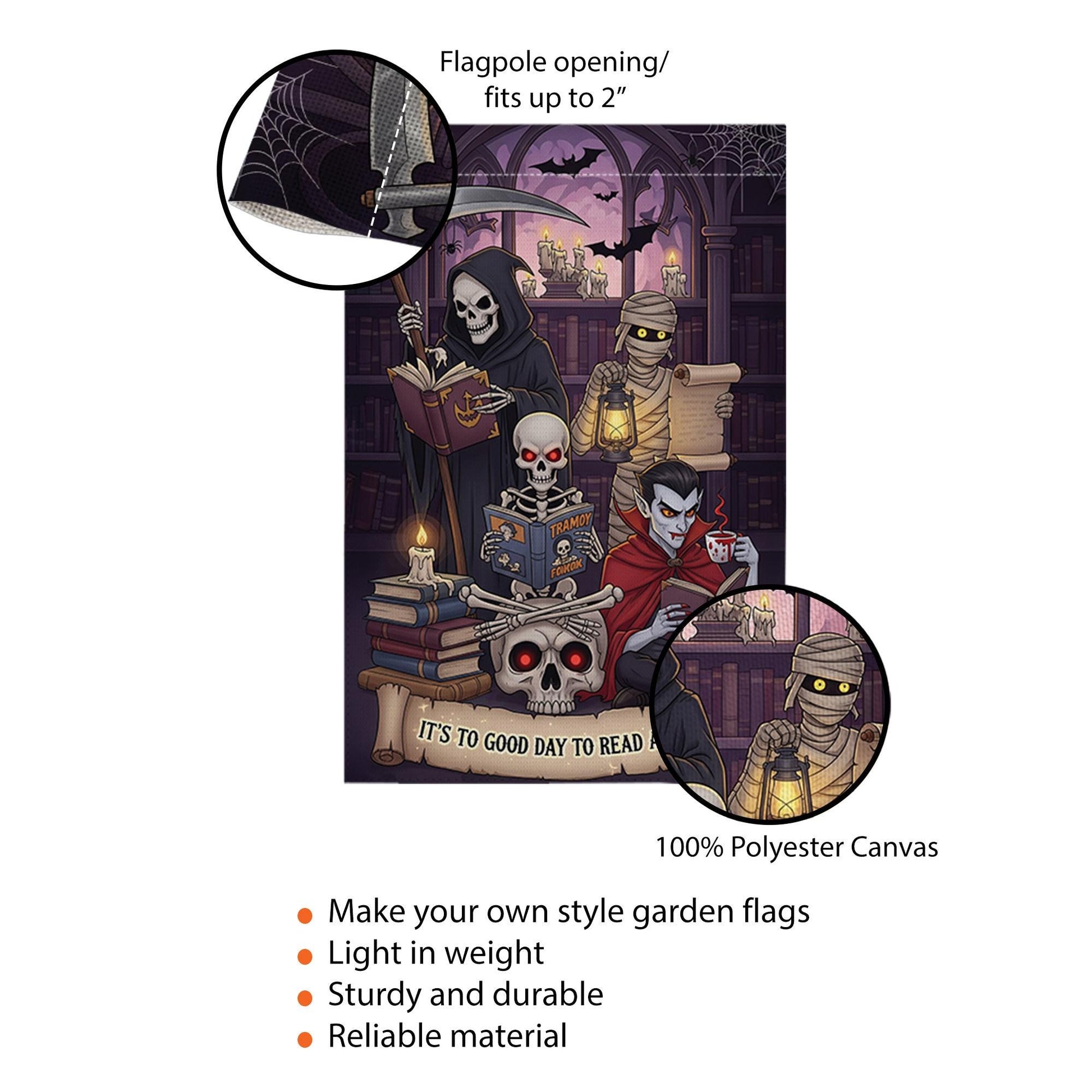 Halloween Reading Garden Flag – Grim Reaper Vampire Mummy Skeleton Book Lover Decor