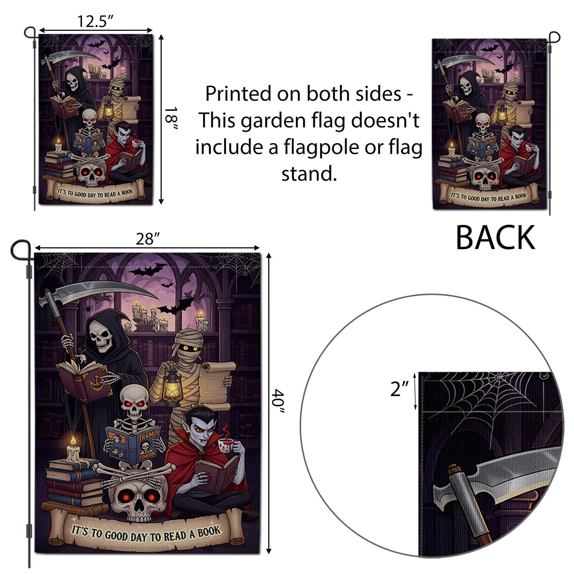 Halloween Reading Garden Flag – Grim Reaper Vampire Mummy Skeleton Book Lover Decor