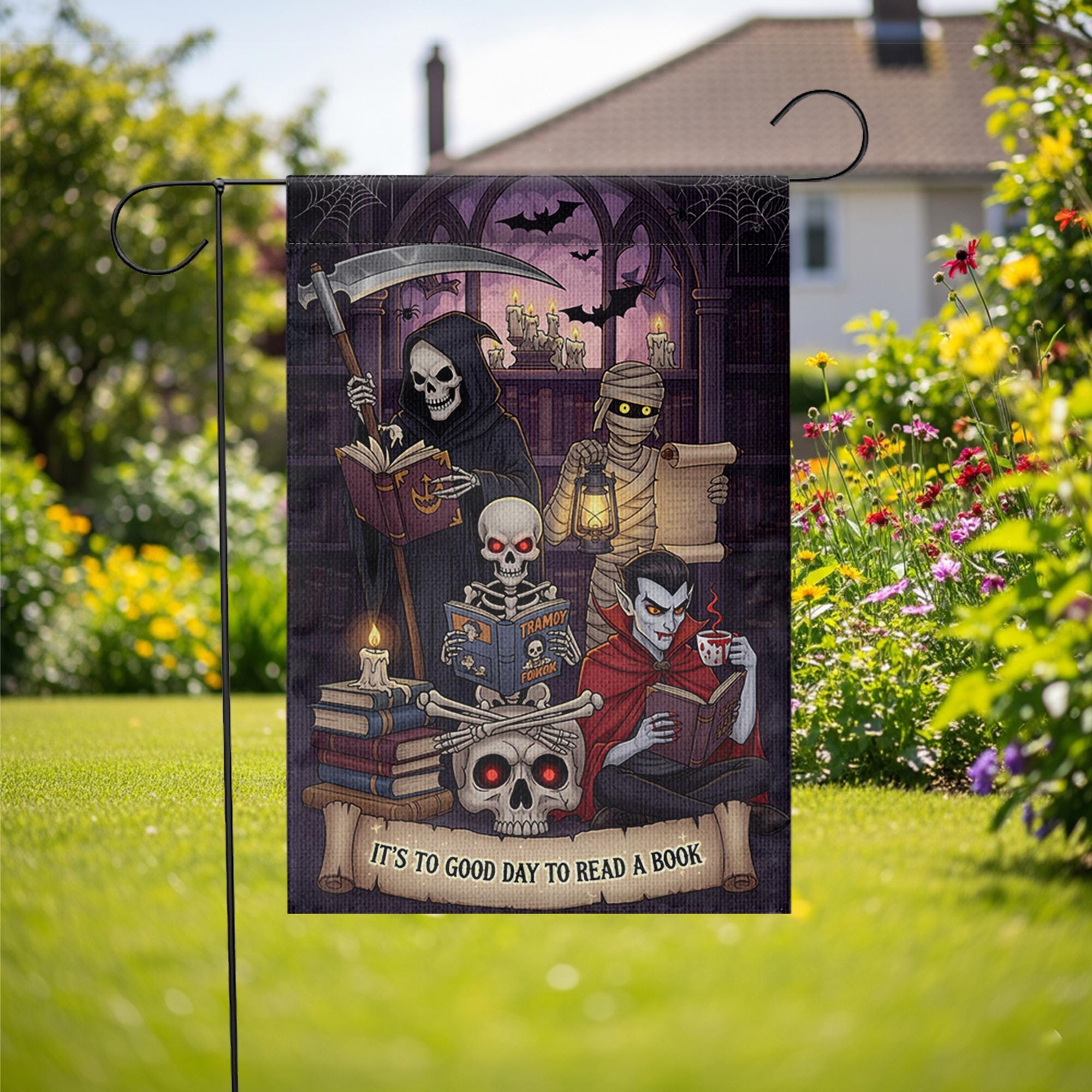 Halloween Reading Garden Flag – Grim Reaper Vampire Mummy Skeleton Book Lover Decor