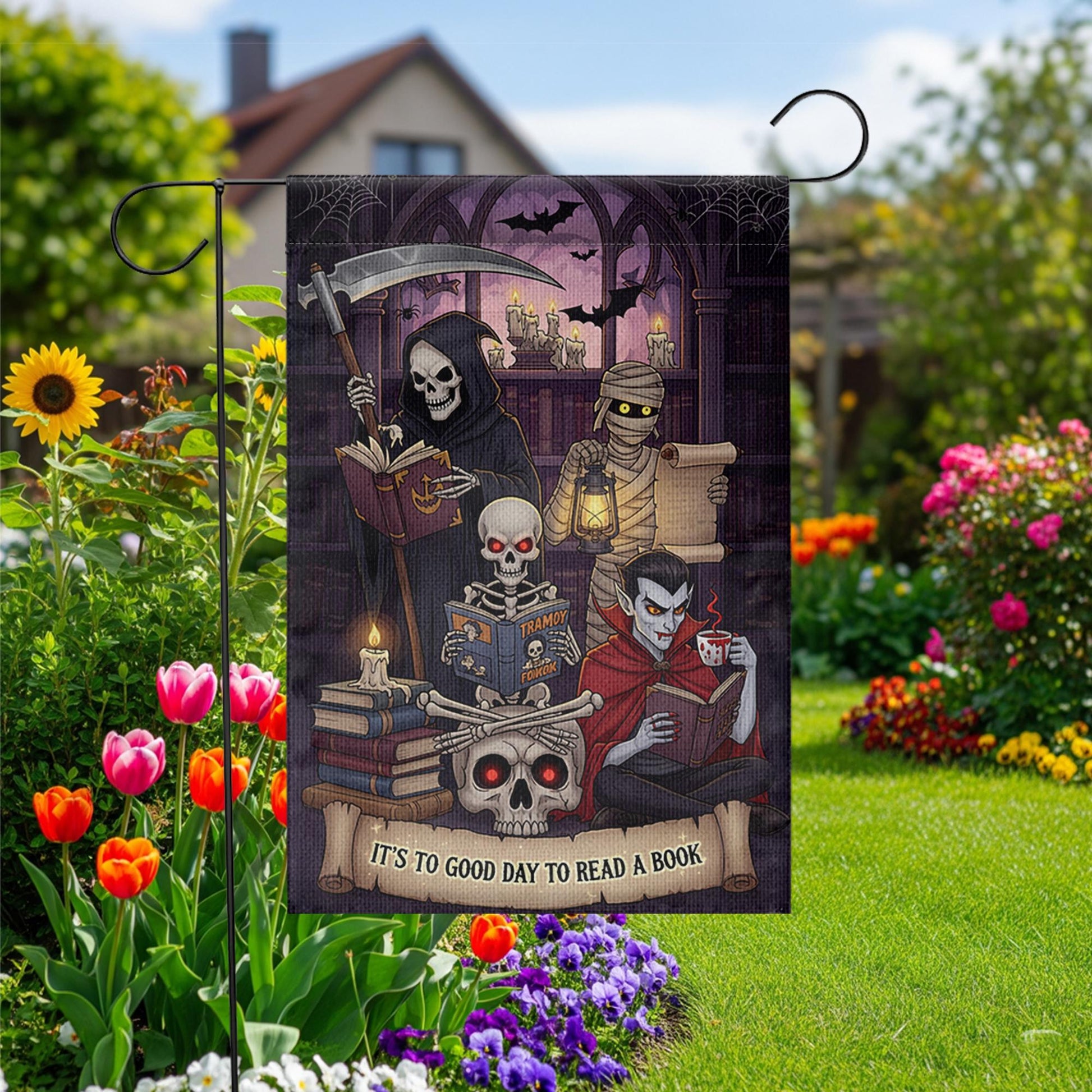 Halloween Reading Garden Flag – Grim Reaper Vampire Mummy Skeleton Book Lover Decor
