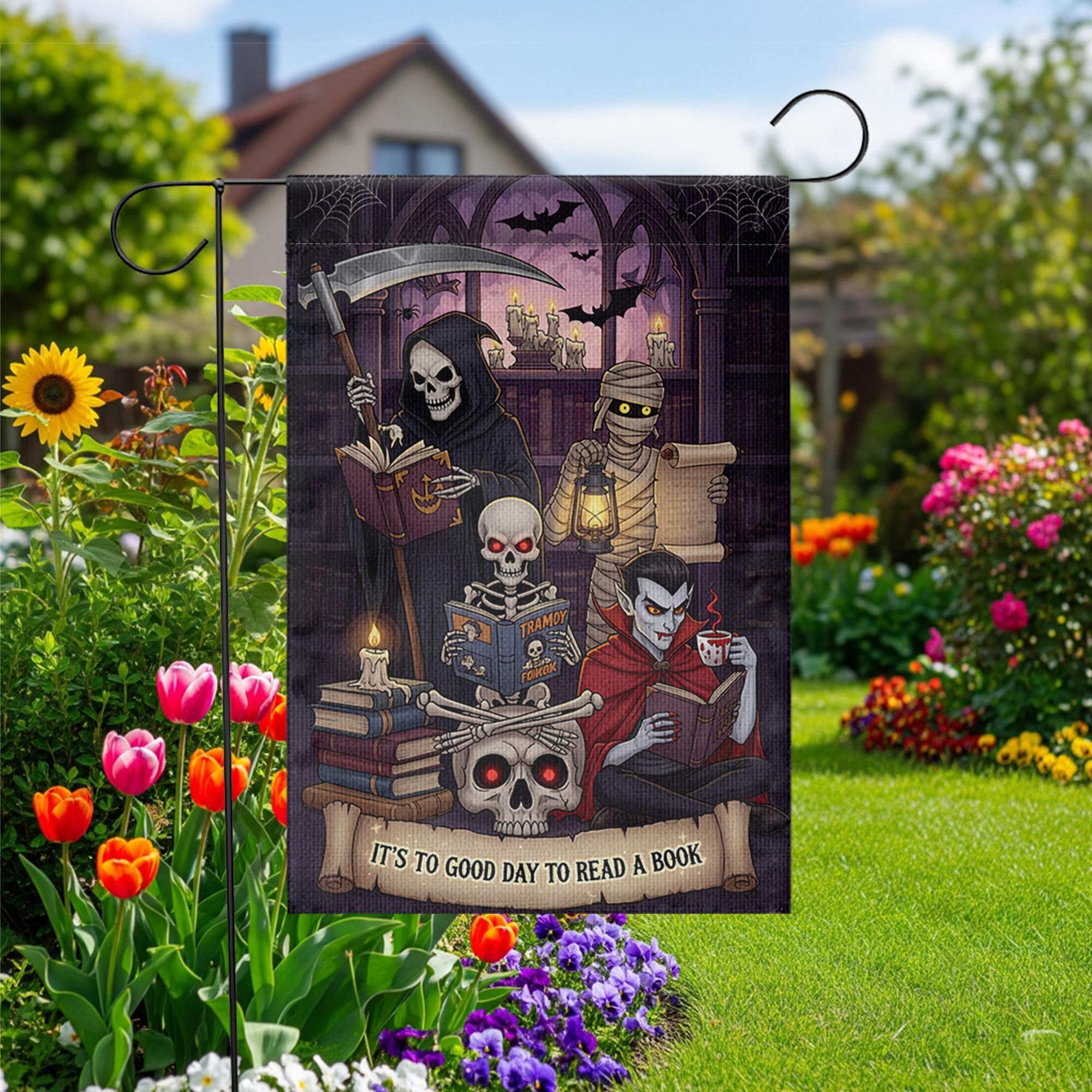 Halloween Reading Garden Flag – Grim Reaper Vampire Mummy Skeleton Book Lover Decor