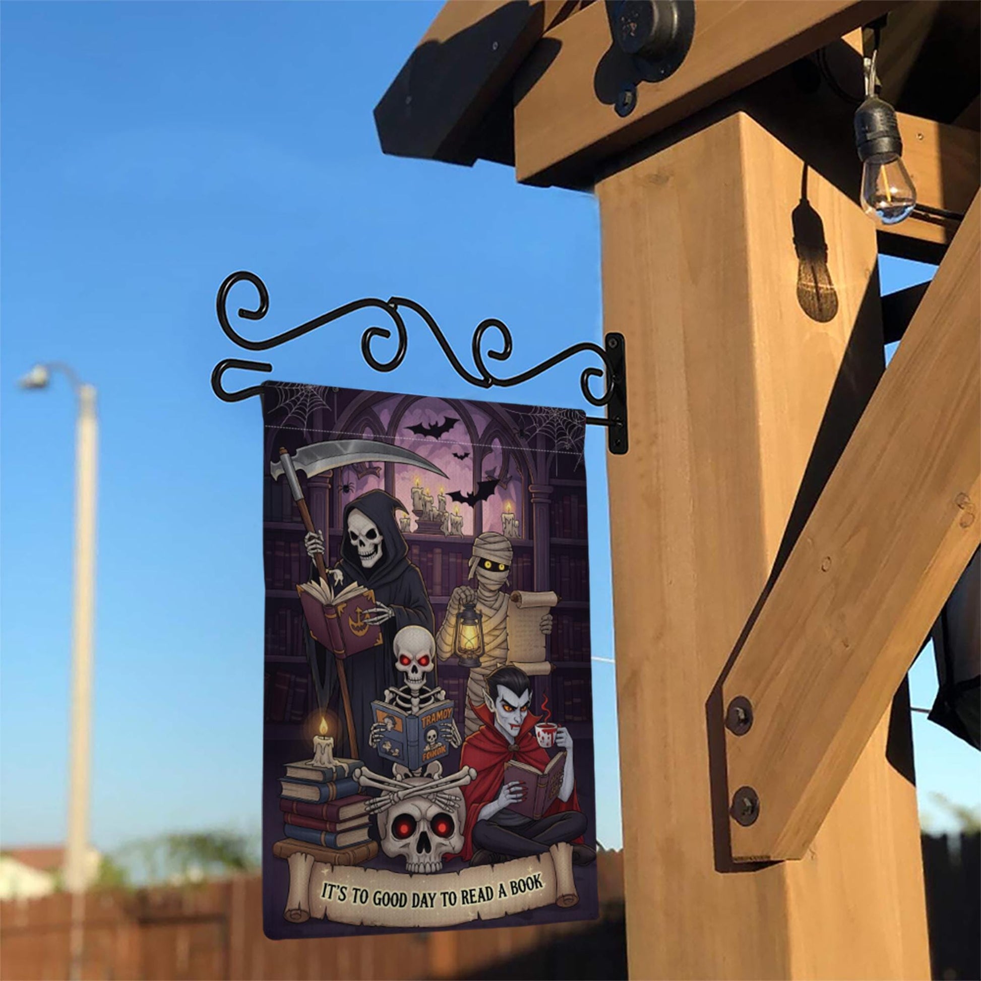 Halloween Reading Garden Flag – Grim Reaper Vampire Mummy Skeleton Book Lover Decor