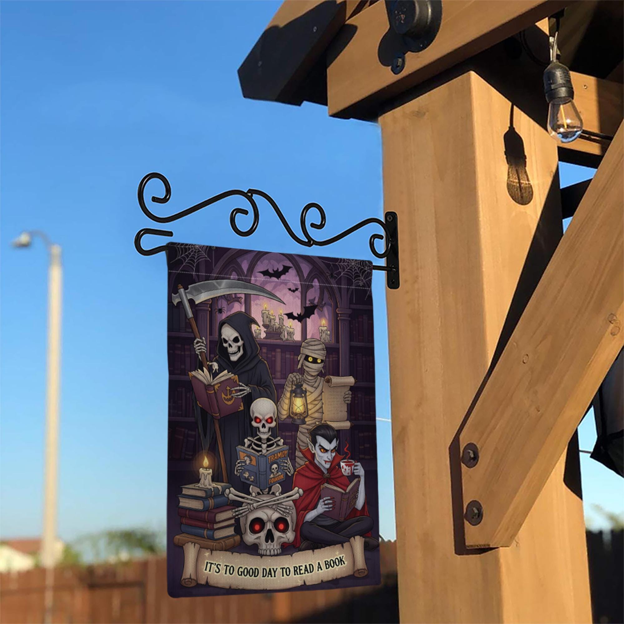 Halloween Reading Garden Flag – Grim Reaper Vampire Mummy Skeleton Book Lover Decor