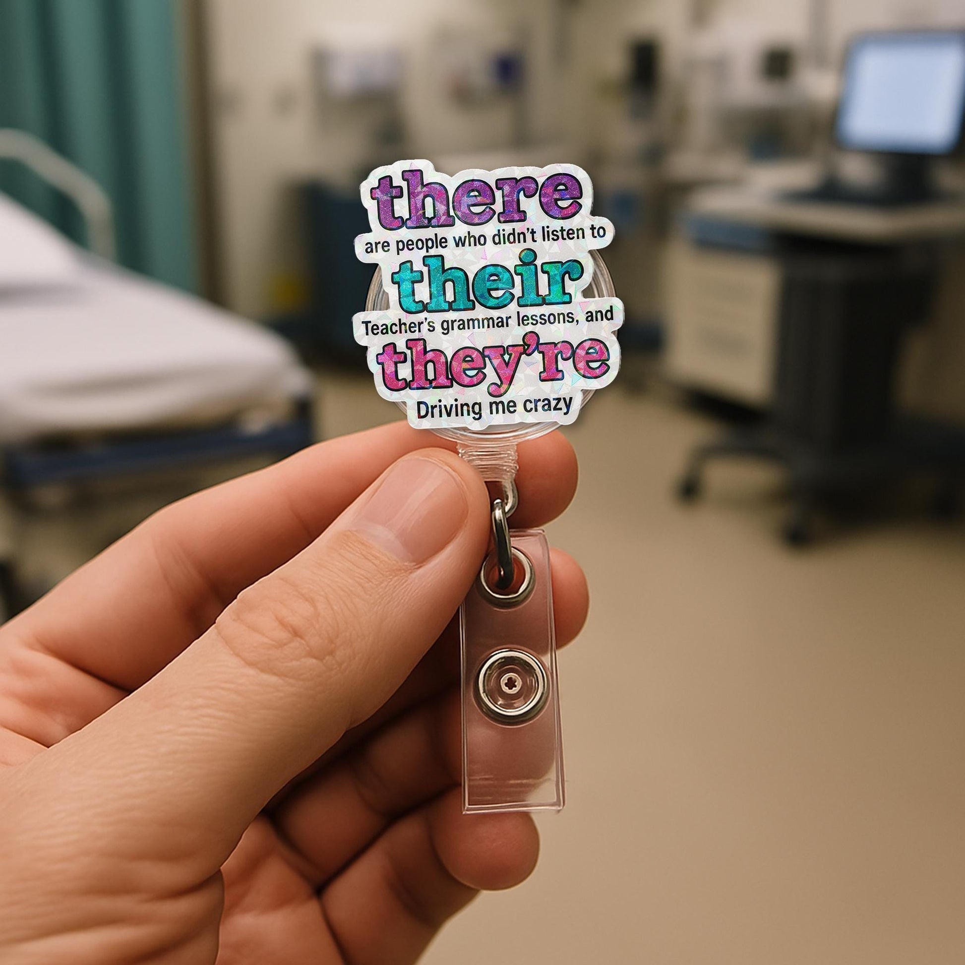 Funny Grammar Teacher Badge Reel, There Their They're ID Clip, English Teacher Gift, Retractable Work Badge, Language Humor Reel