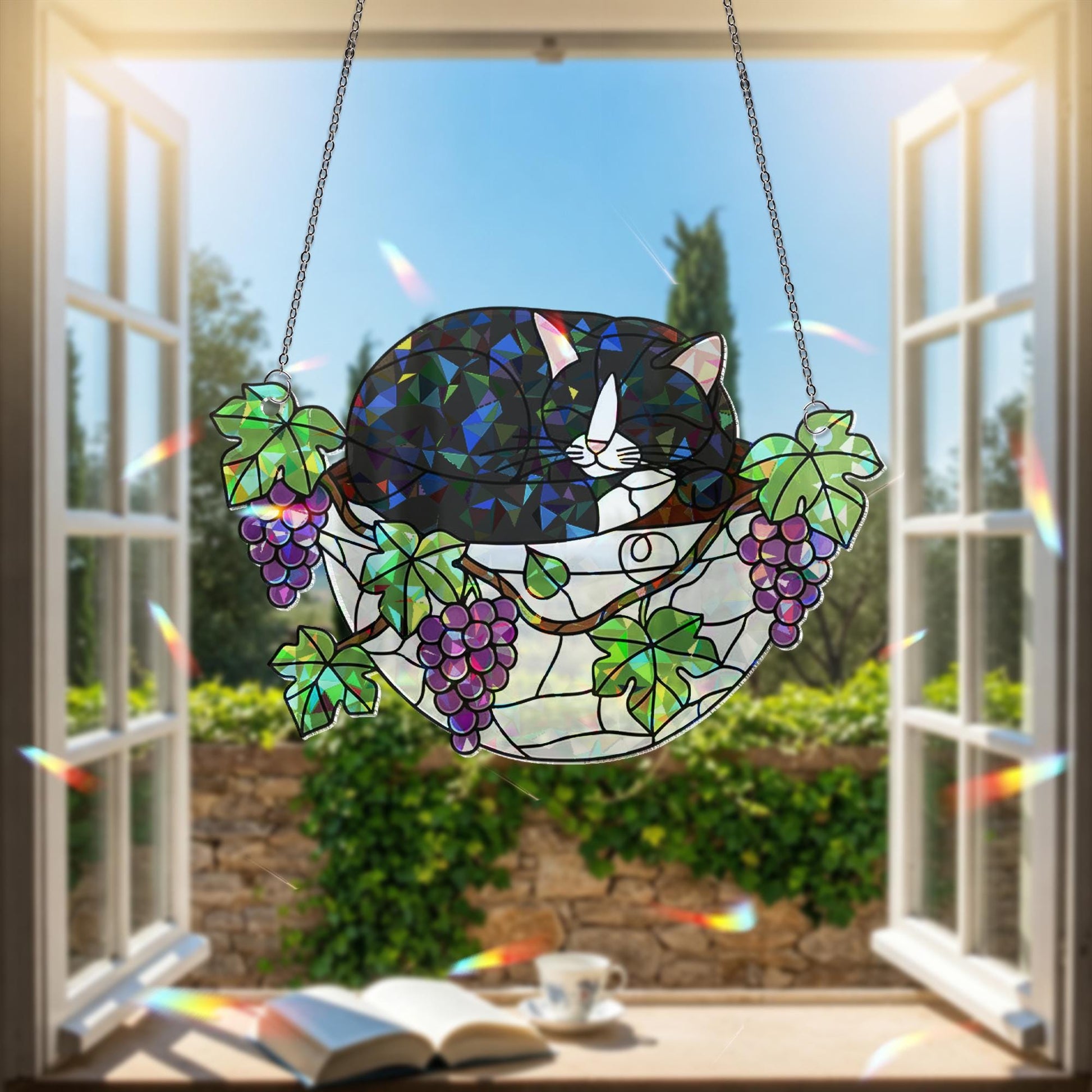 Tuxedo Cat Sleeping on Grapes Plants Hologram Ornament | Cat ACRYLIC Window Hanging | Plant Lover Gift, Fruit Plants Decor, Cozy Cat Decor
