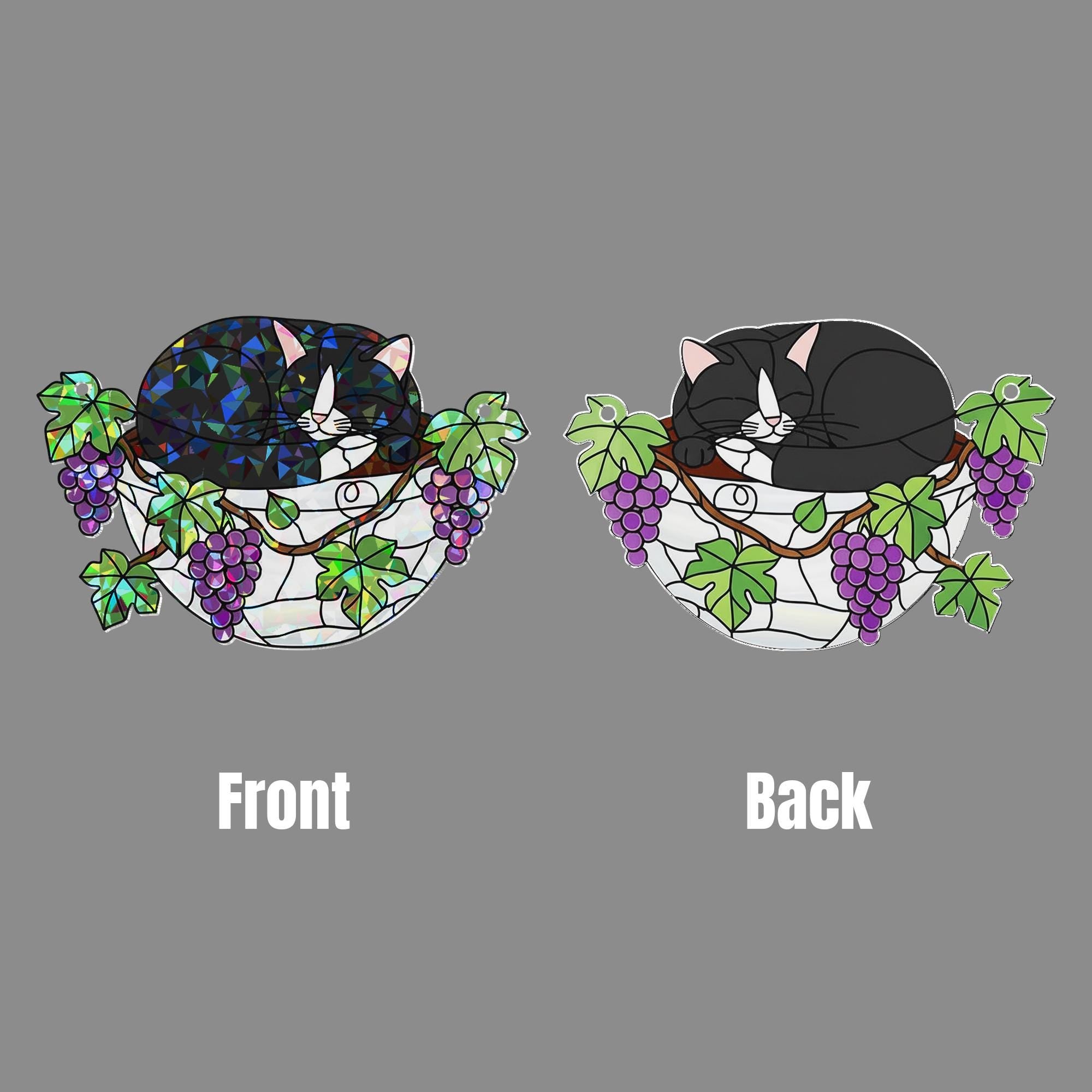 Tuxedo Cat Sleeping on Grapes Plants Hologram Ornament | Cat ACRYLIC Window Hanging | Plant Lover Gift, Fruit Plants Decor, Cozy Cat Decor