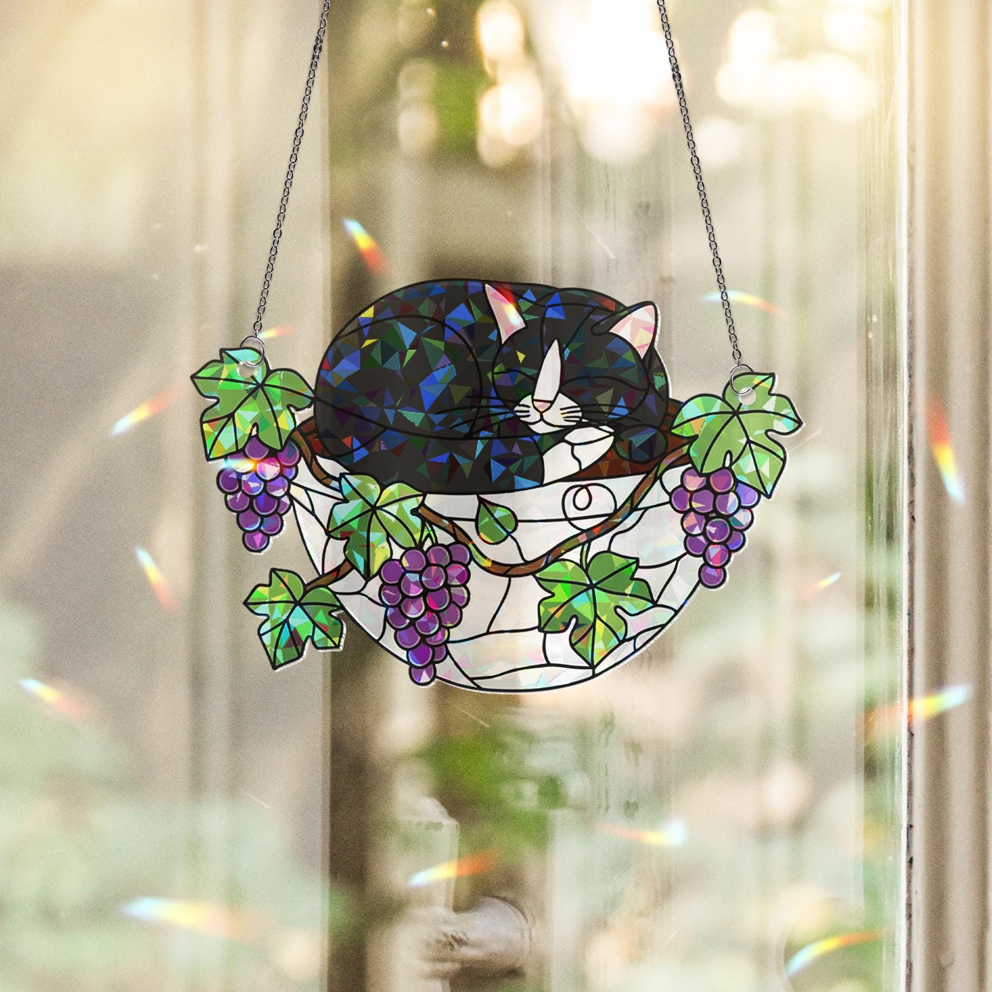 Tuxedo Cat Sleeping on Grapes Plants Hologram Ornament | Cat ACRYLIC Window Hanging | Plant Lover Gift, Fruit Plants Decor, Cozy Cat Decor