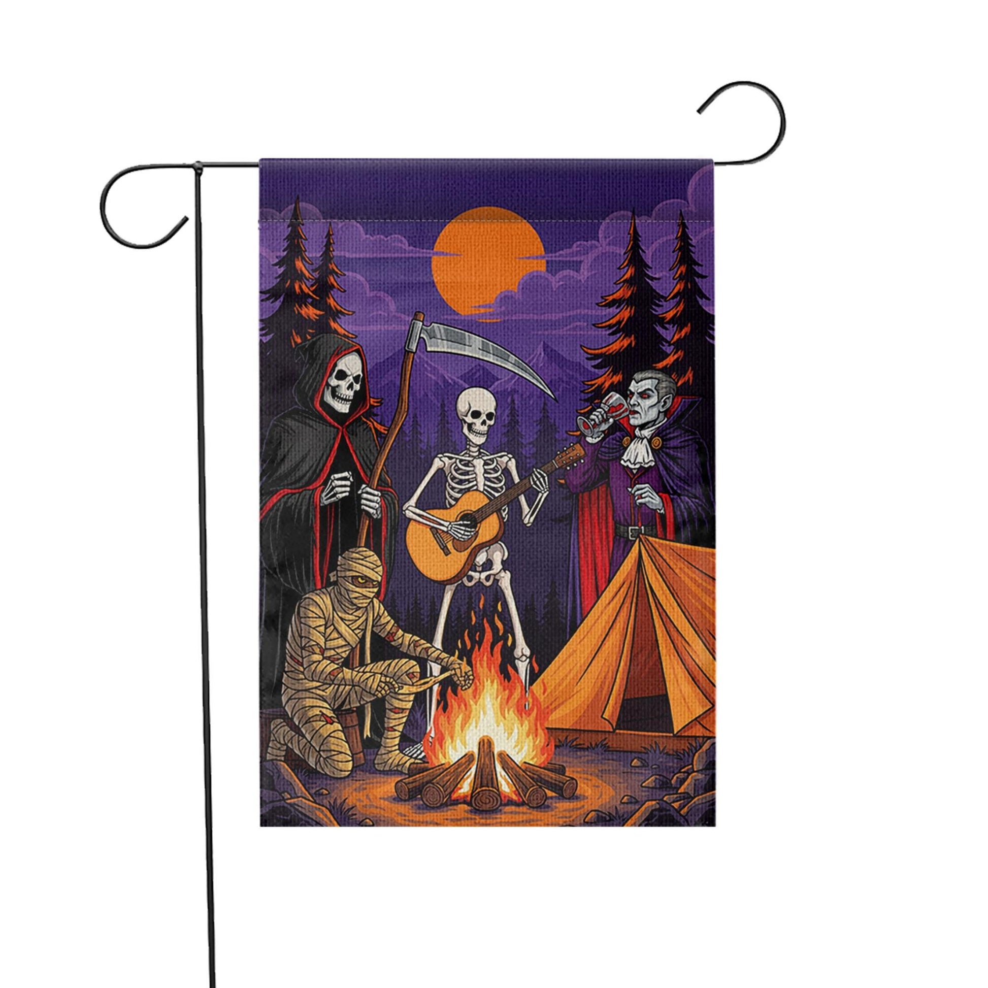 Halloween Campfire Garden Flag – Grim Reaper Skeleton Vampire Mummy Funny Spooky Decor