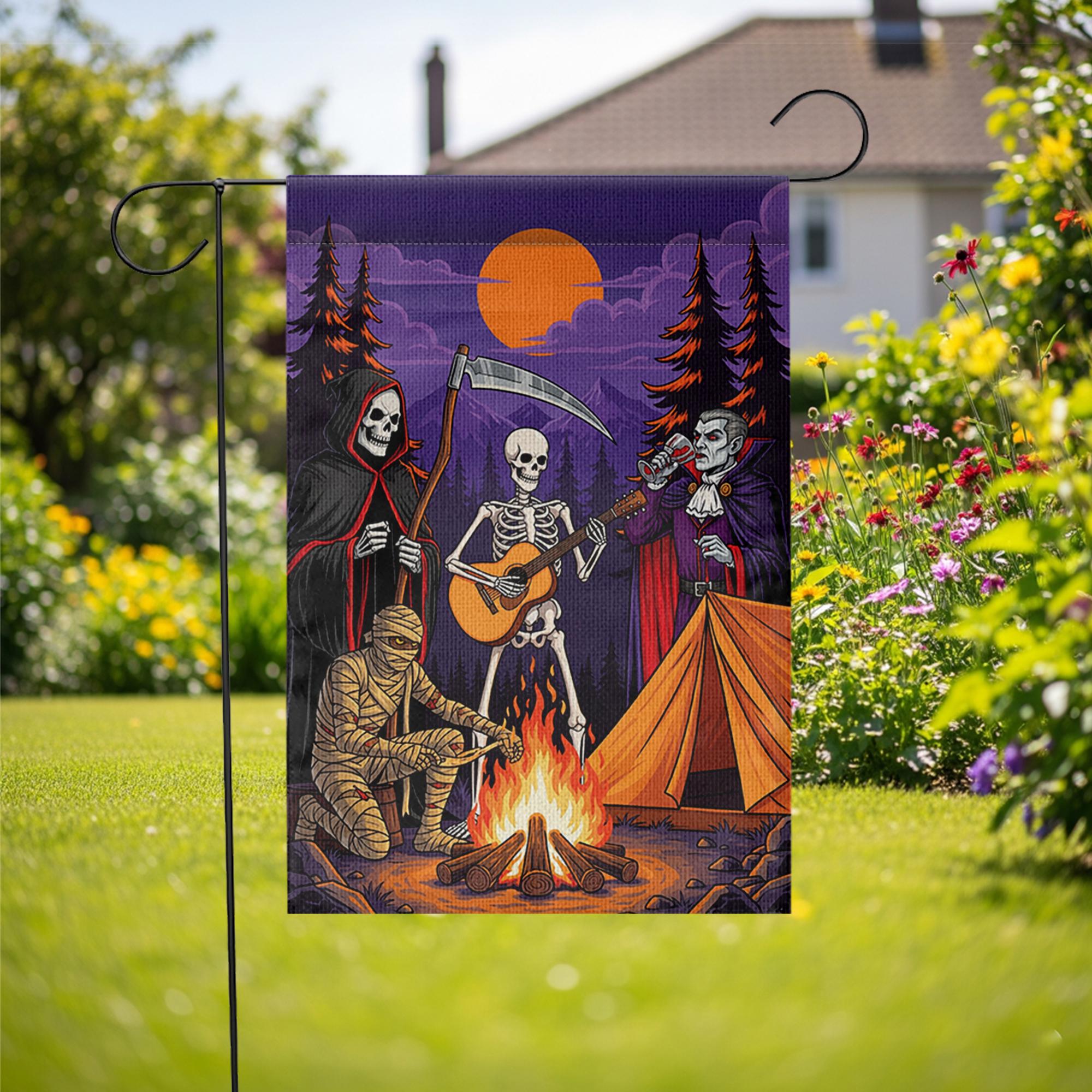 Halloween Campfire Garden Flag – Grim Reaper Skeleton Vampire Mummy Funny Spooky Decor