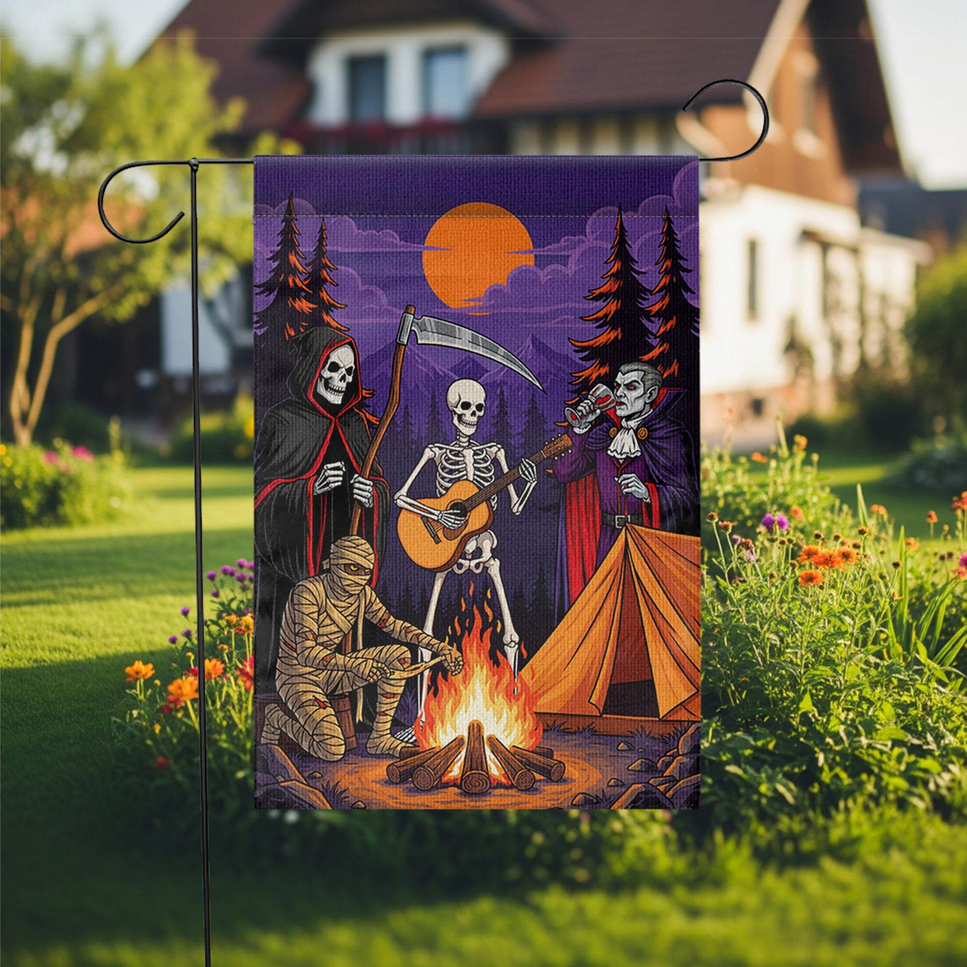 Halloween Campfire Garden Flag – Grim Reaper Skeleton Vampire Mummy Funny Spooky Decor