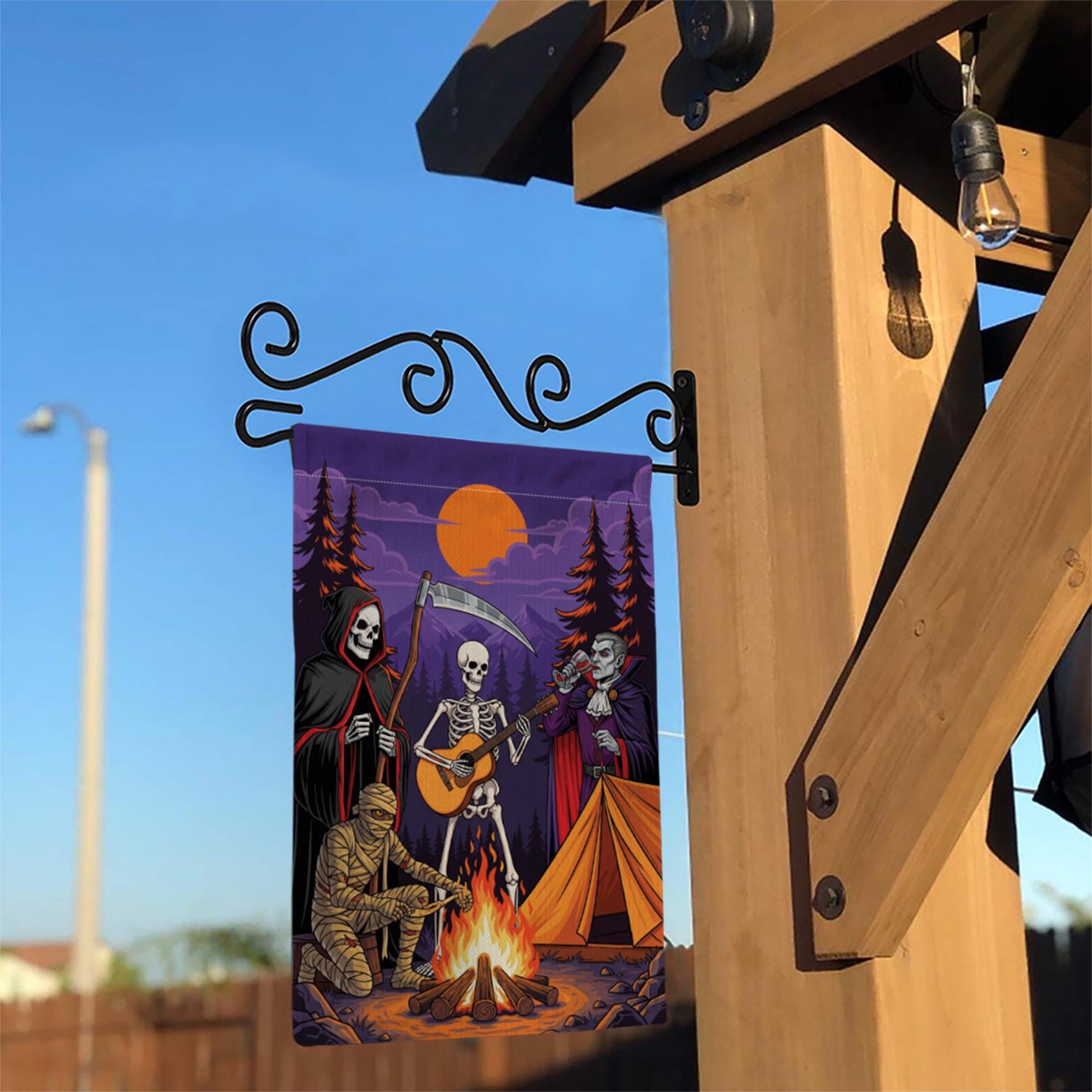 Halloween Campfire Garden Flag – Grim Reaper Skeleton Vampire Mummy Funny Spooky Decor