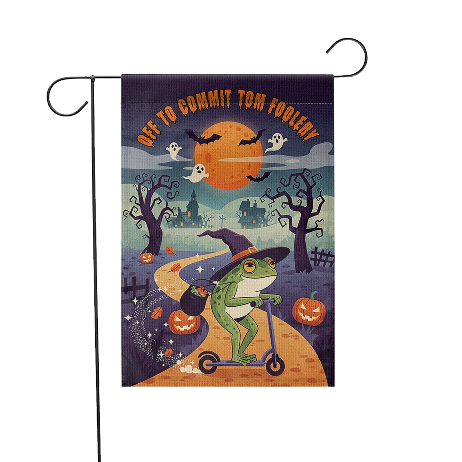 Funny Halloween Garden Flag – Witch Frog on Scooter – Off to Commit Tom Foolery Decor