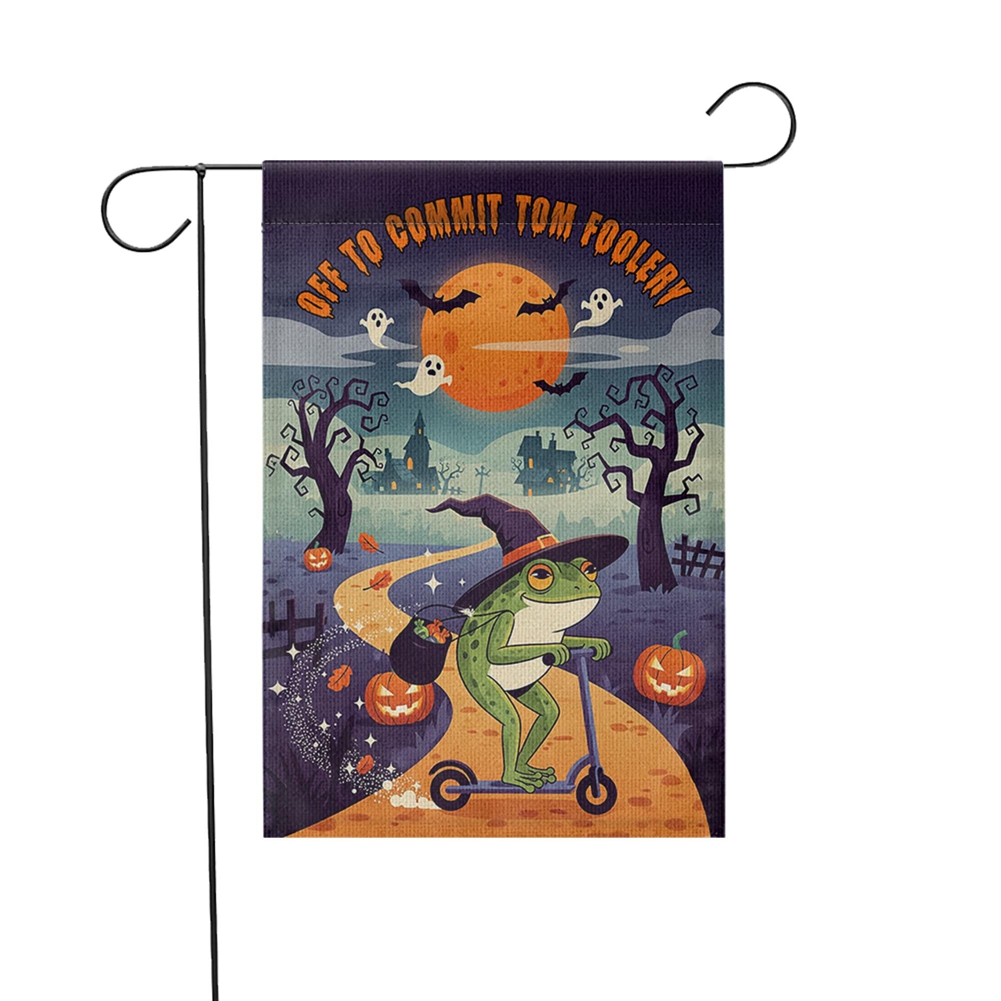 Funny Halloween Garden Flag – Witch Frog on Scooter – Off to Commit Tom Foolery Decor