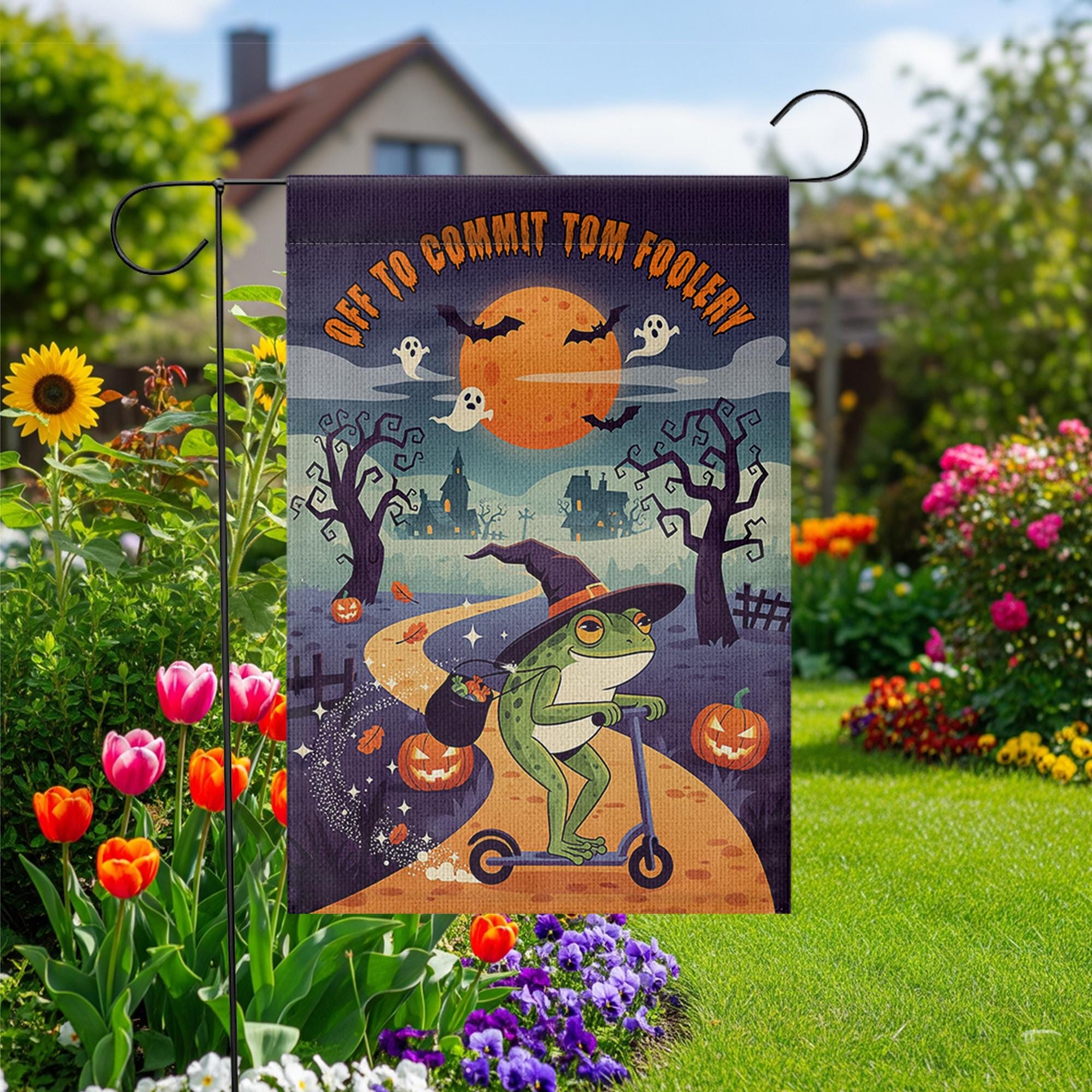 Funny Halloween Garden Flag – Witch Frog on Scooter – Off to Commit Tom Foolery Decor