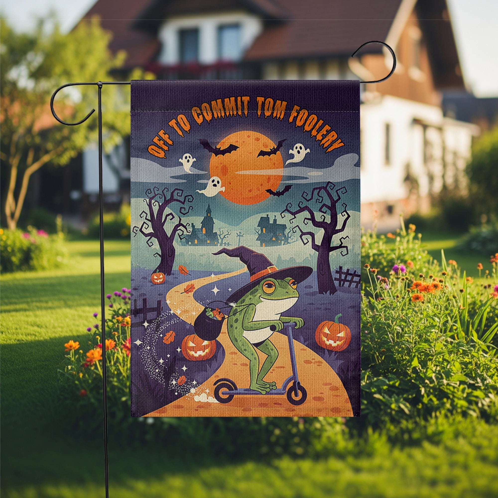 Funny Halloween Garden Flag – Witch Frog on Scooter – Off to Commit Tom Foolery Decor