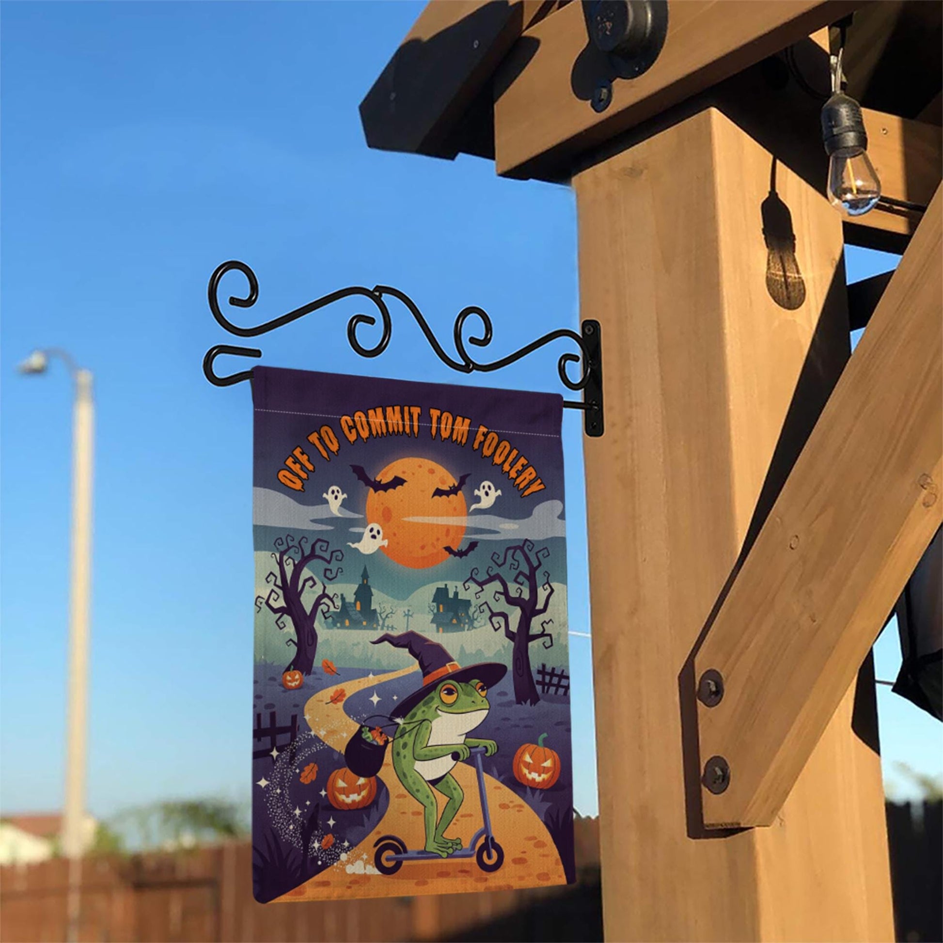Funny Halloween Garden Flag – Witch Frog on Scooter – Off to Commit Tom Foolery Decor